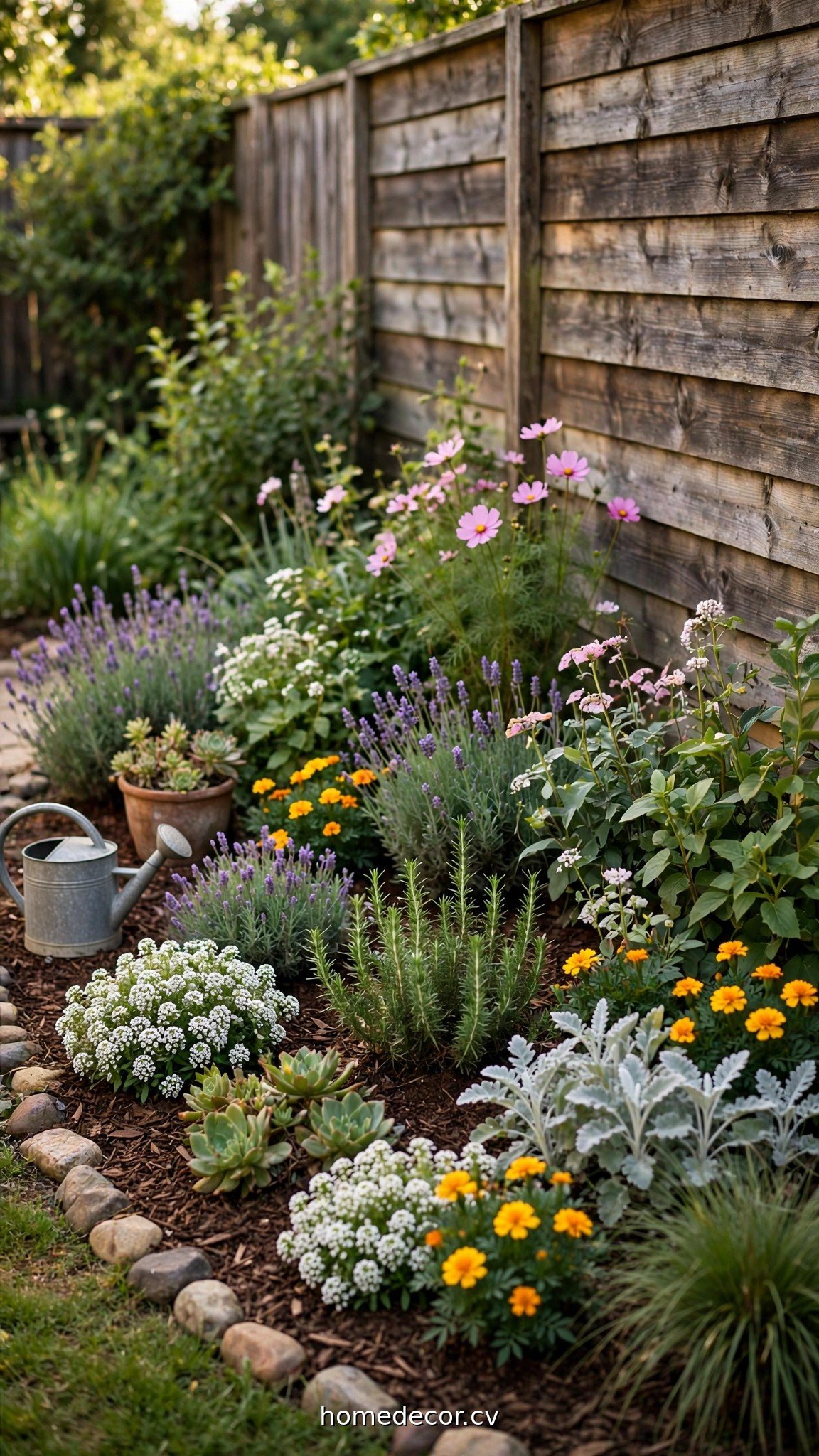 Landscaped flower bed along a wooden fence with layered plantings and mulch