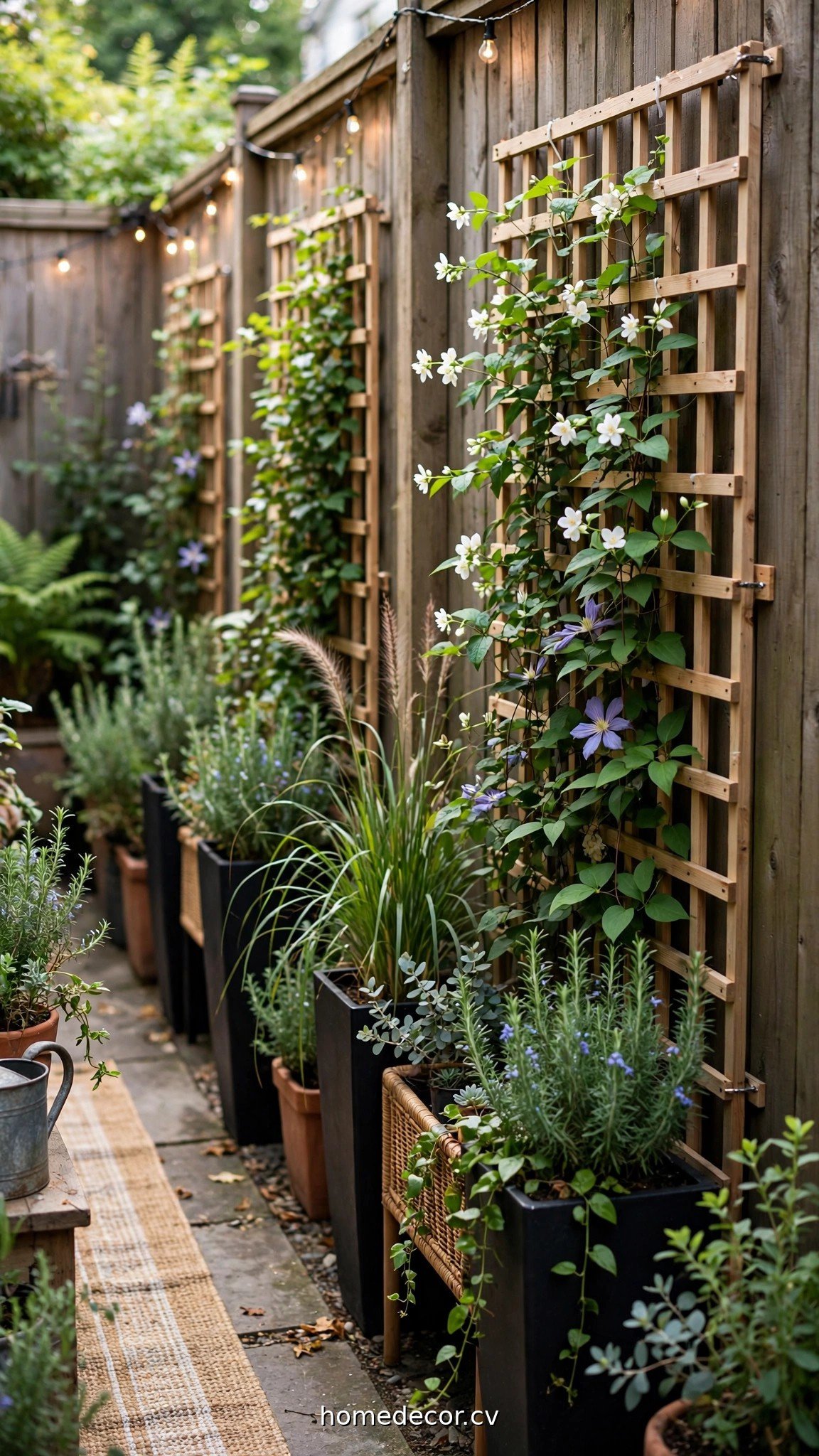 Tall planters and trellis panels with climbing plants along a rental fence