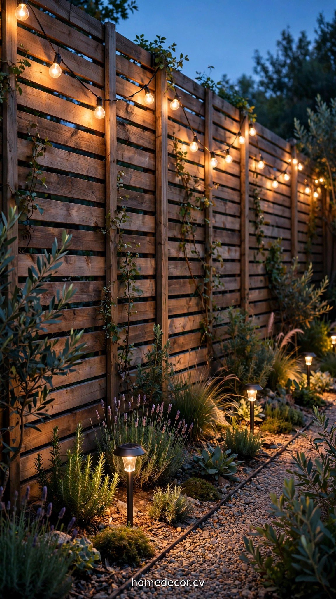Fence line at dusk with warm string lights and solar path lights