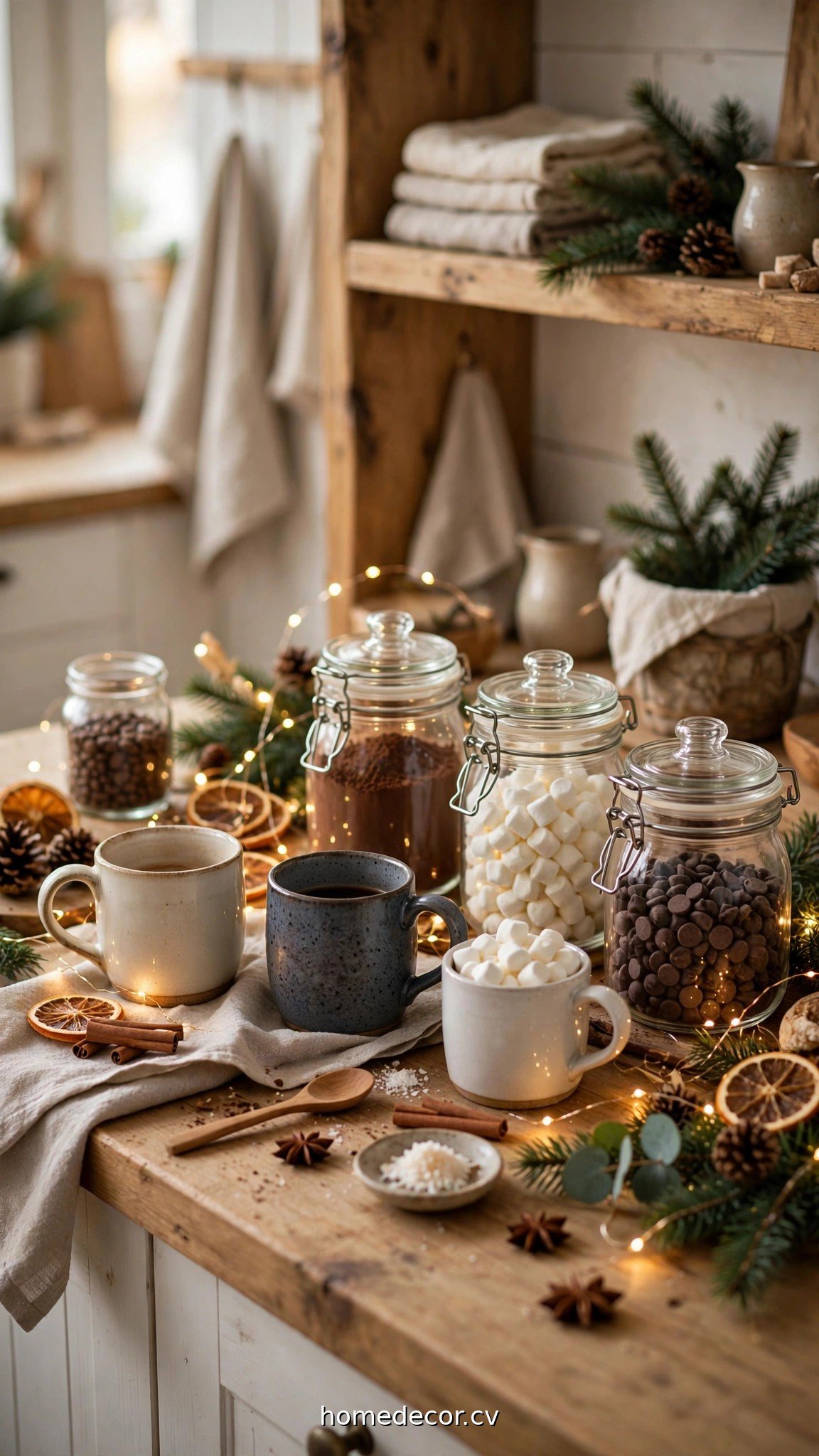 Christmas coffee bar setup on a wooden counter with mugs, cocoa jars and fairy lights