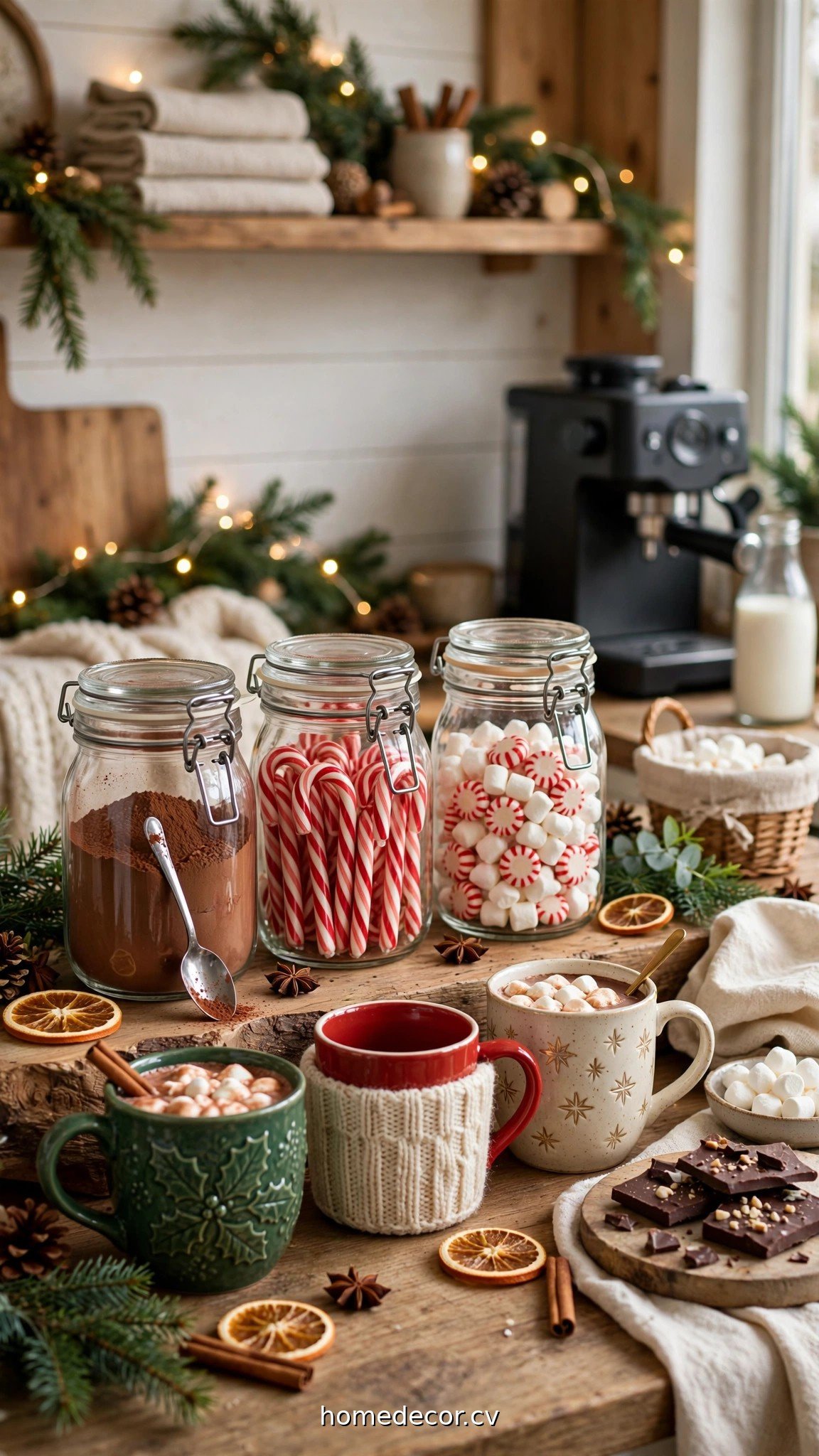 Glass jars of cocoa and candy with festive mugs at a Christmas coffee bar