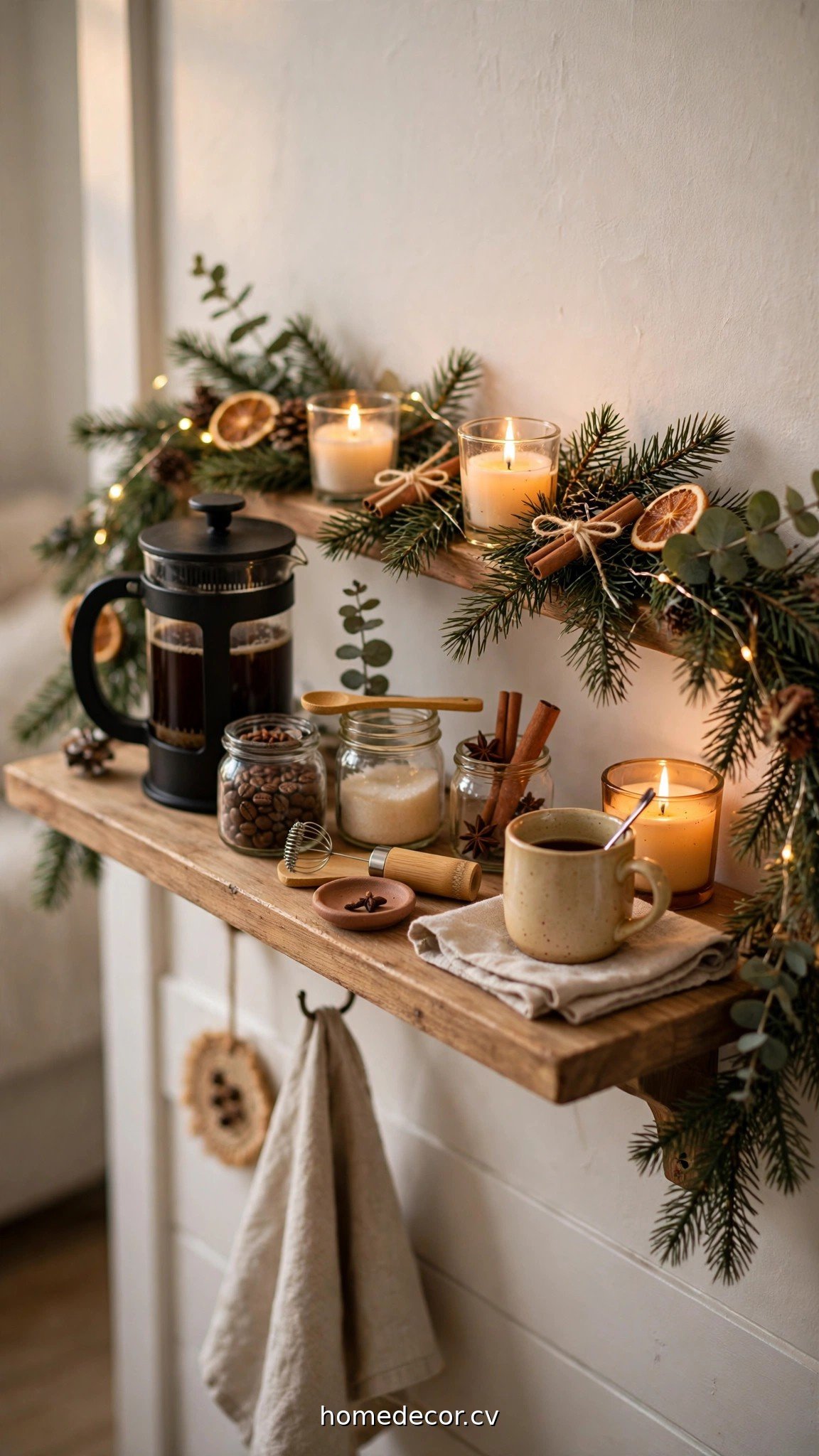 Small-space Christmas coffee bar on a narrow shelf with garland and candles