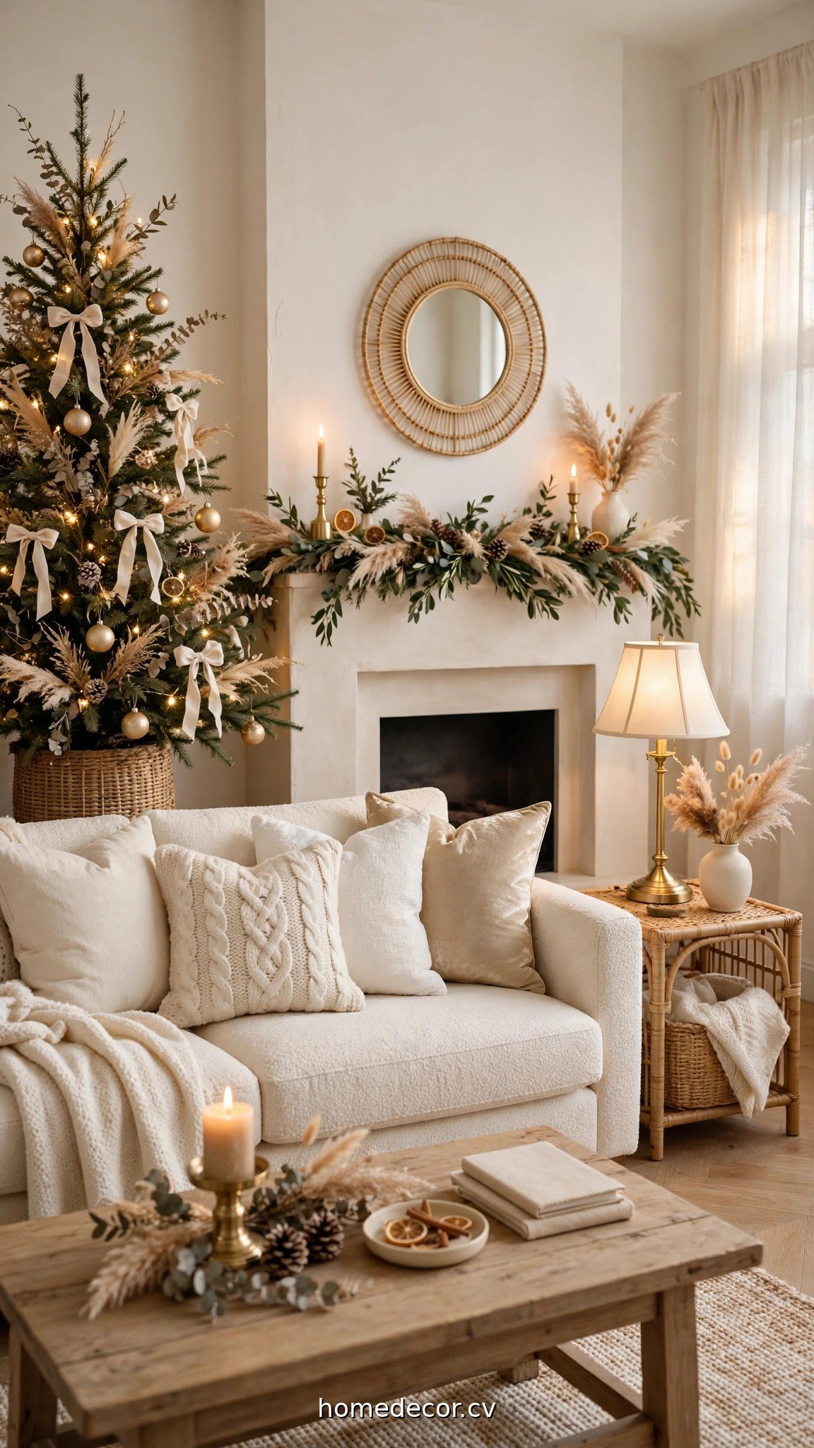Neutral Christmas living room in creams and whites with champagne gold accents