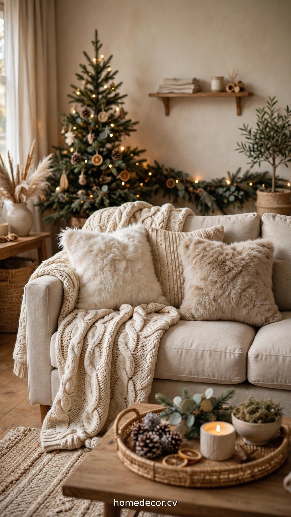 Cozy neutral Christmas sofa with chunky knit throws and faux fur pillows