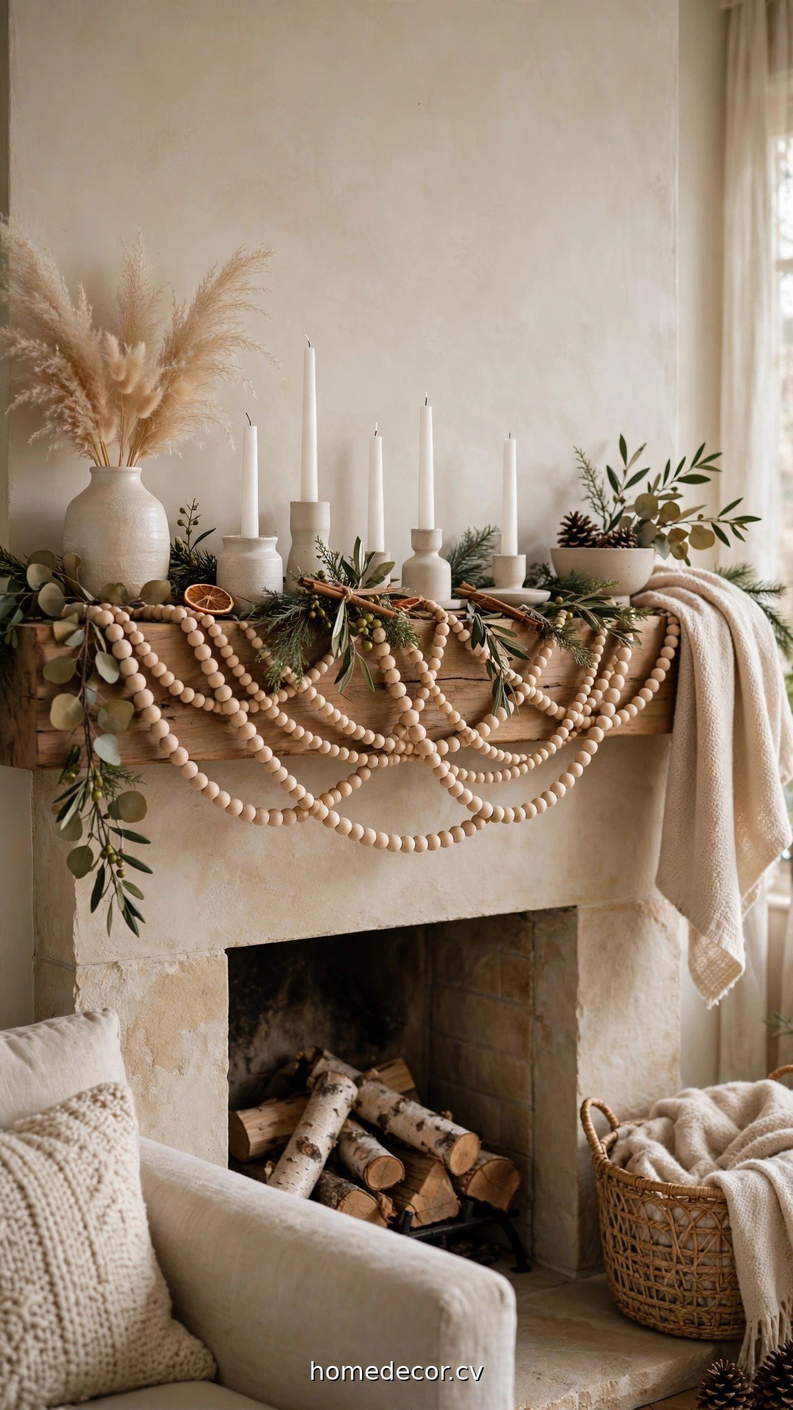 Neutral Christmas mantel with wooden bead garland and white candles