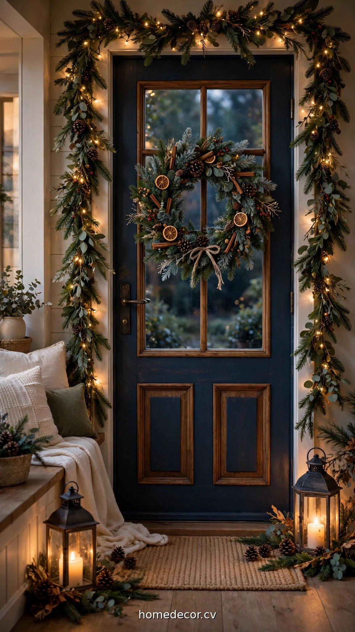 Festive Christmas front door with wreath, garland and glowing lanterns