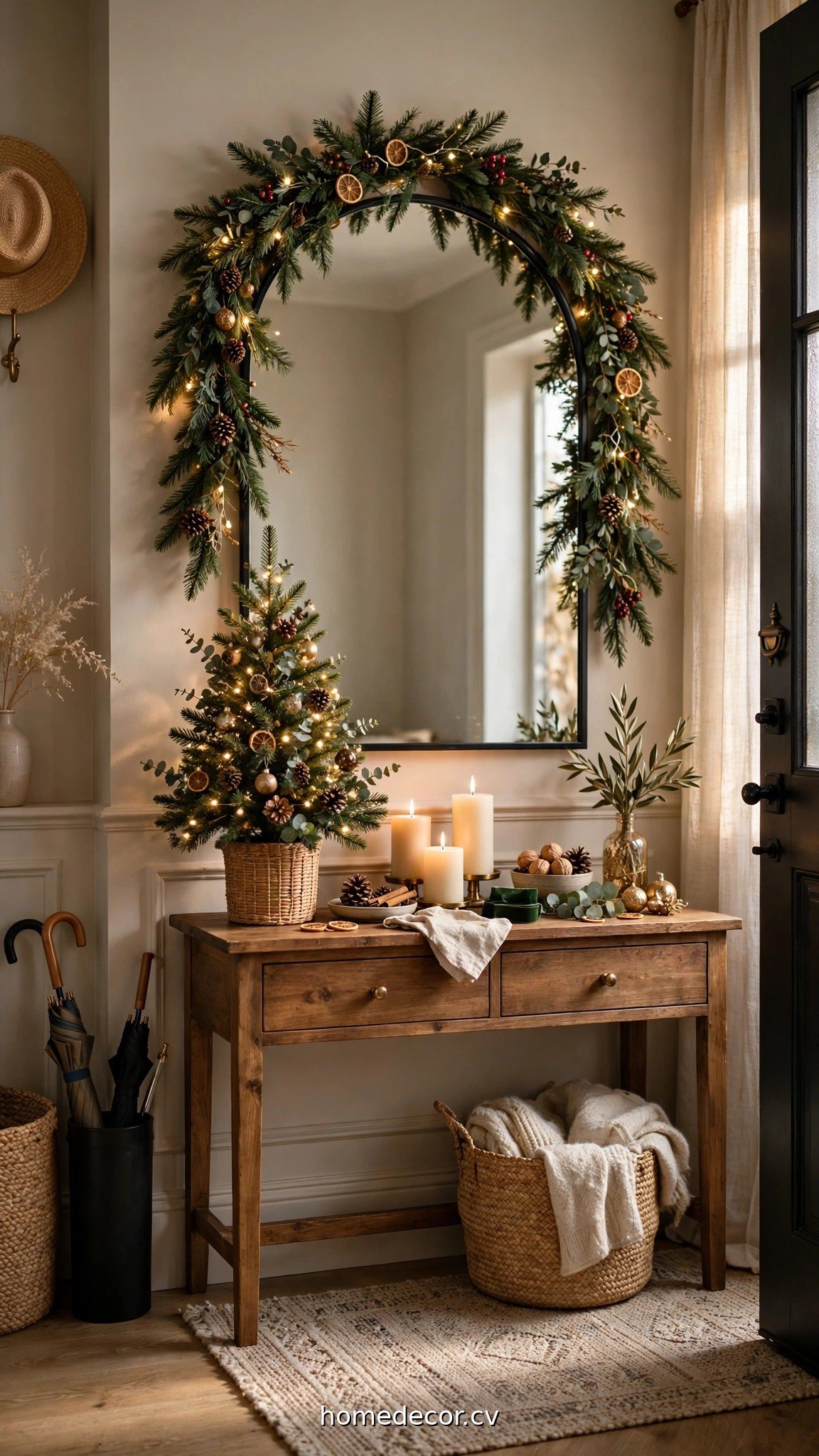 Christmas entryway console table with mini tree, candles and garland mirror