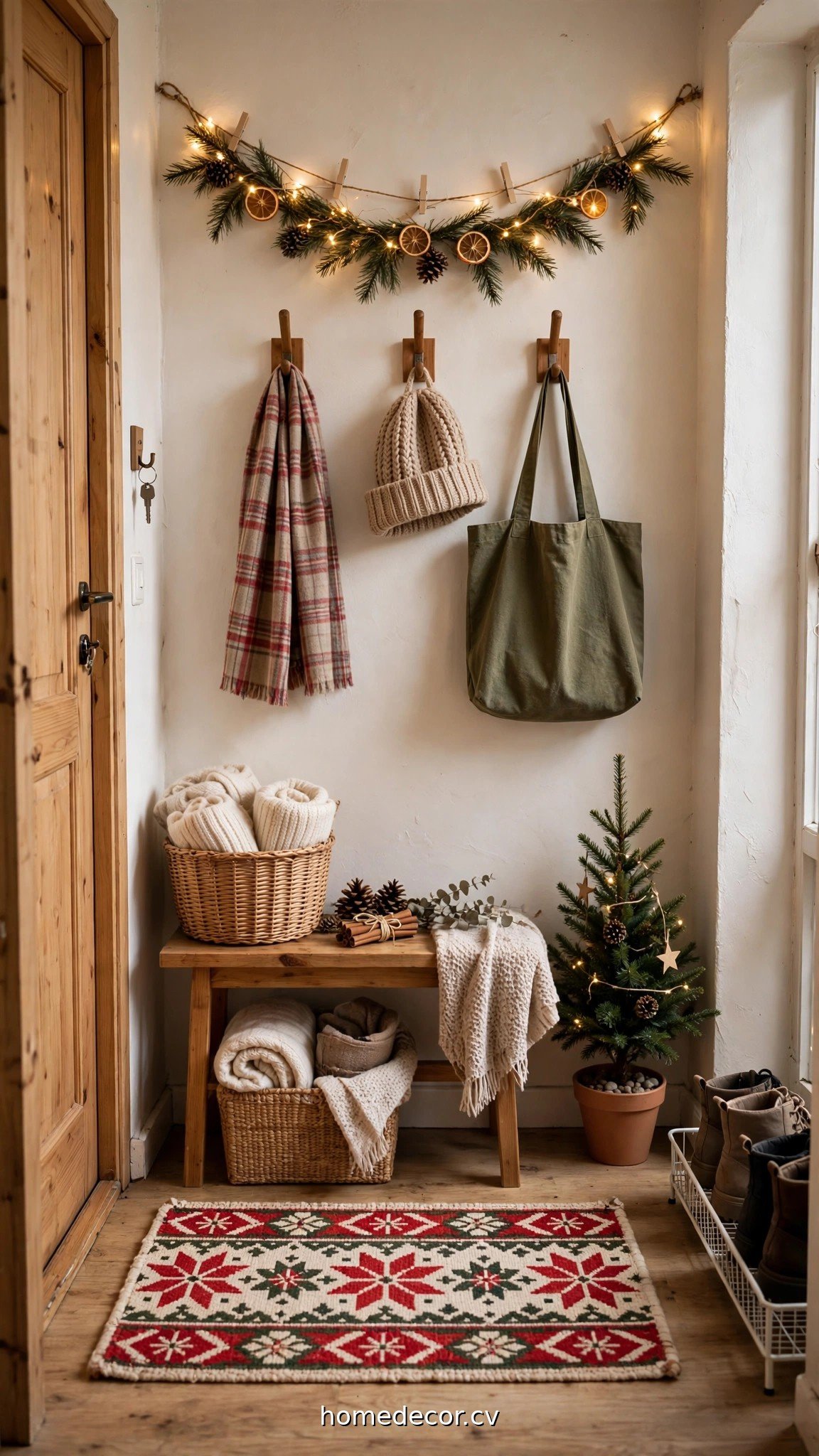 Small apartment entryway decorated for Christmas with wall hooks and a festive rug