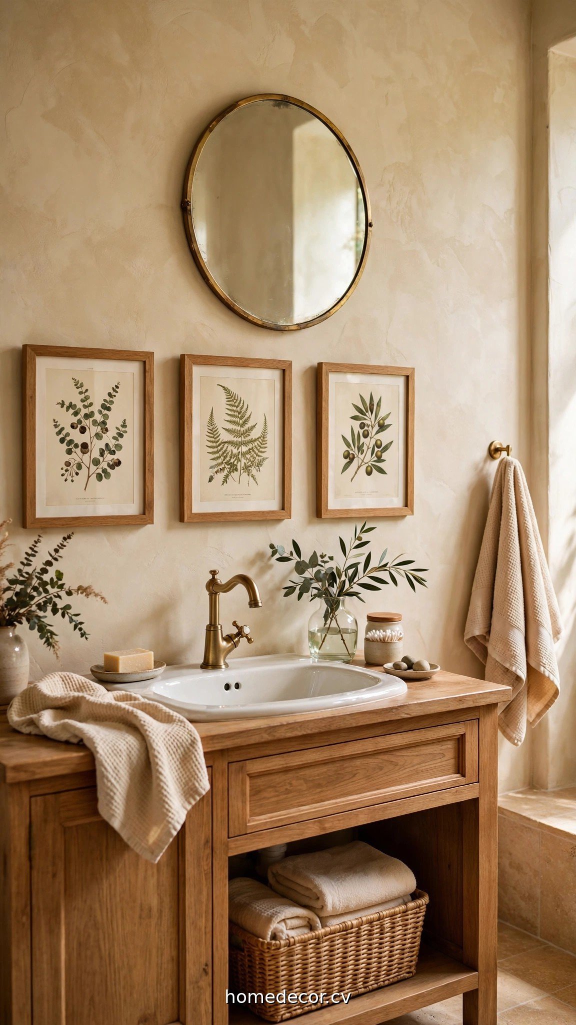 Bathroom wall with framed botanical prints and a round mirror above the vanity