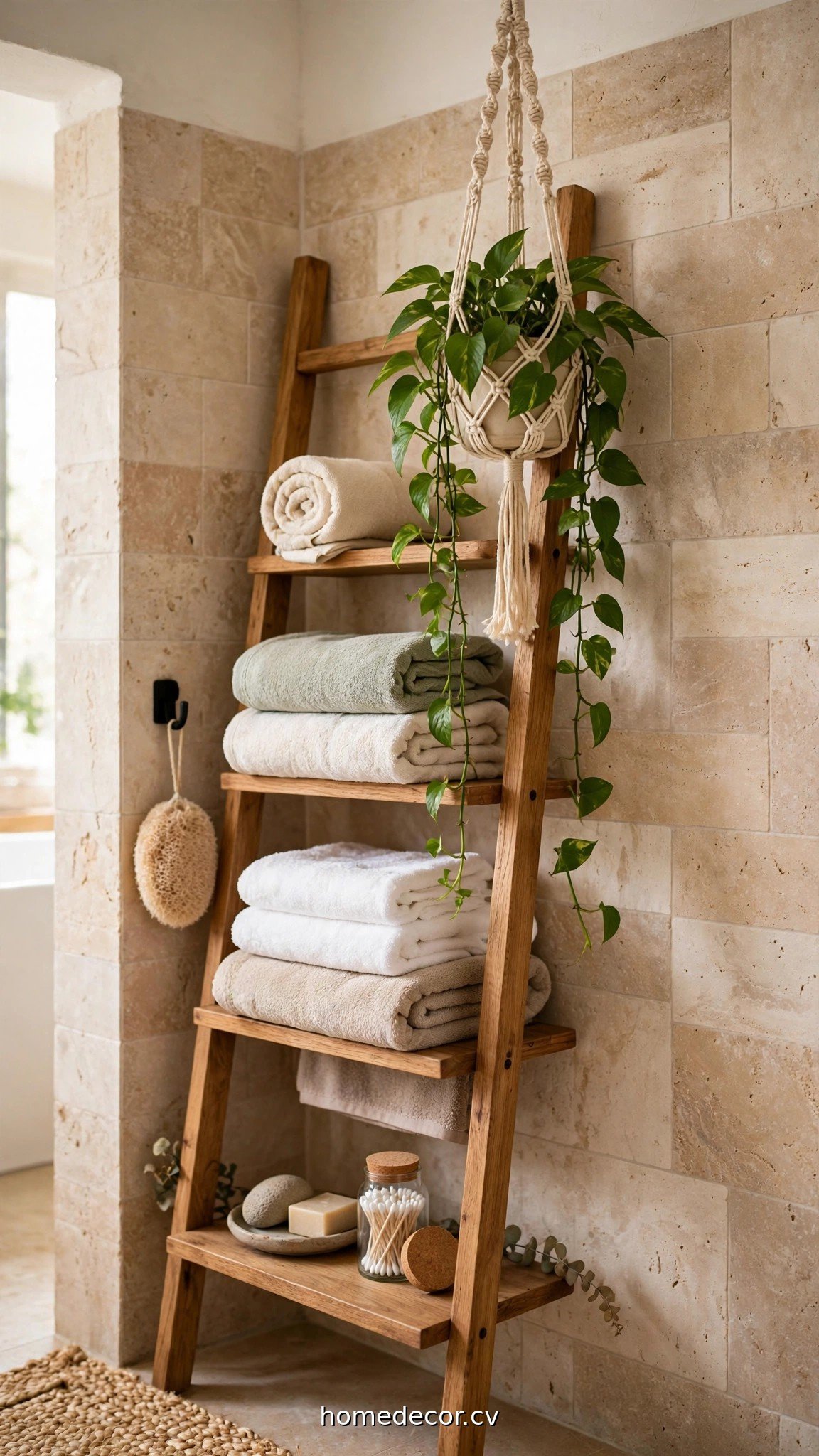 Bathroom wall with wooden ladder shelf holding towels and a hanging plant