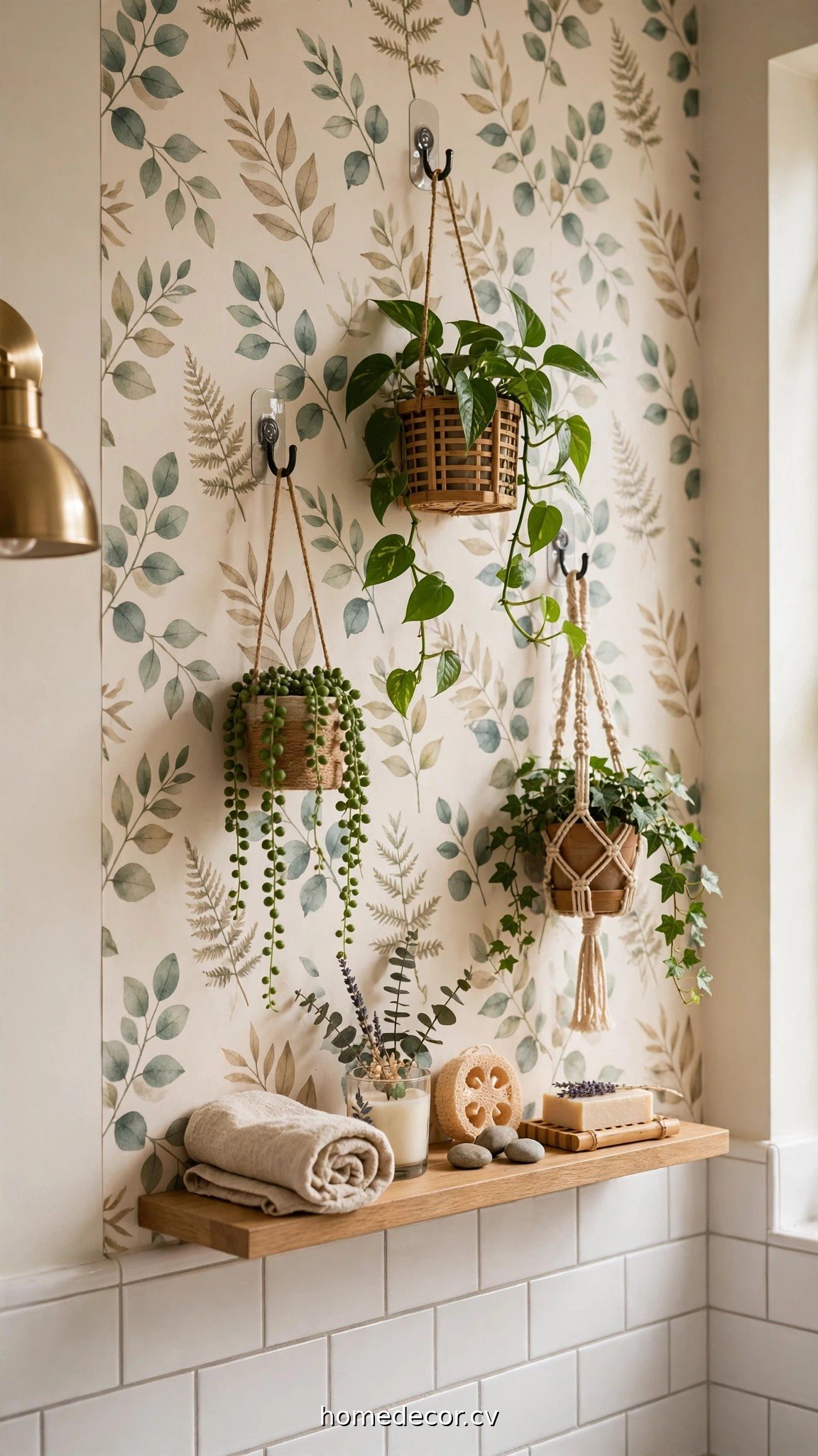 Rental bathroom wall with removable wallpaper and adhesive hooks holding plants