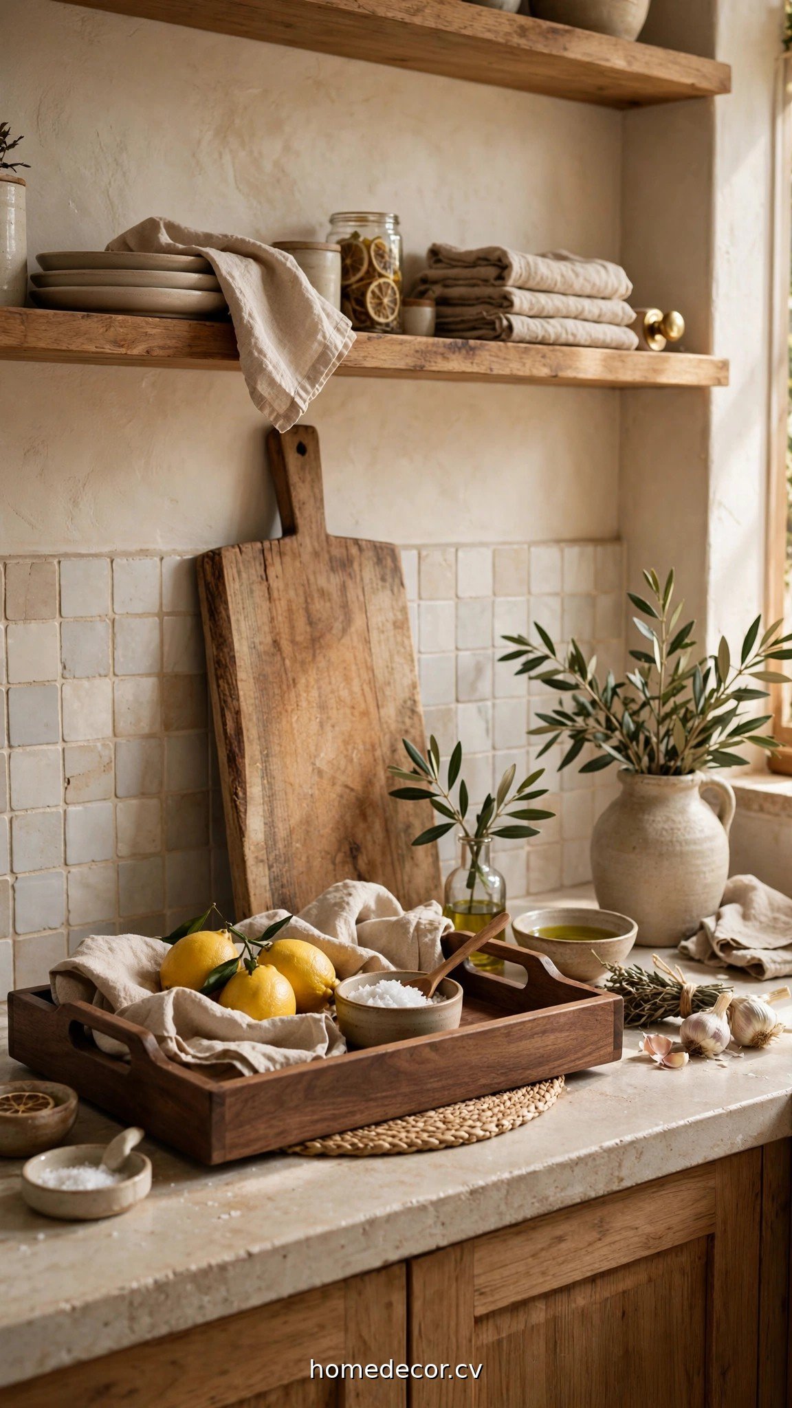 Wooden tray and leaning cutting board on a styled kitchen counter showing kitchen counter styling ideas
