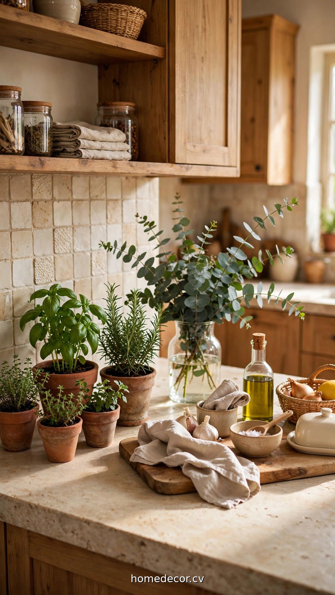 Potted herbs and a eucalyptus vase adding warmth in these kitchen counter styling ideas