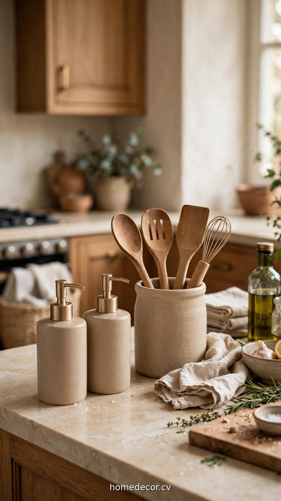 Matching soap dispensers and a utensil crock keeping these kitchen counter styling ideas functional
