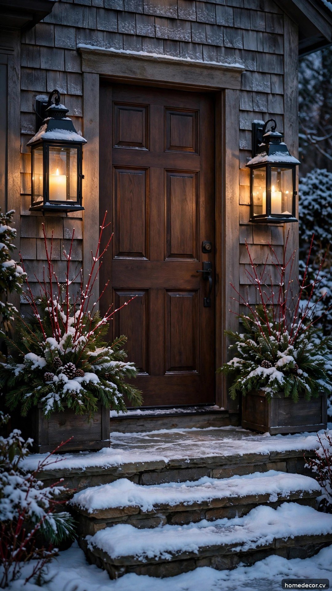 Lantern Pair With LED Candles - winter front door decor idea