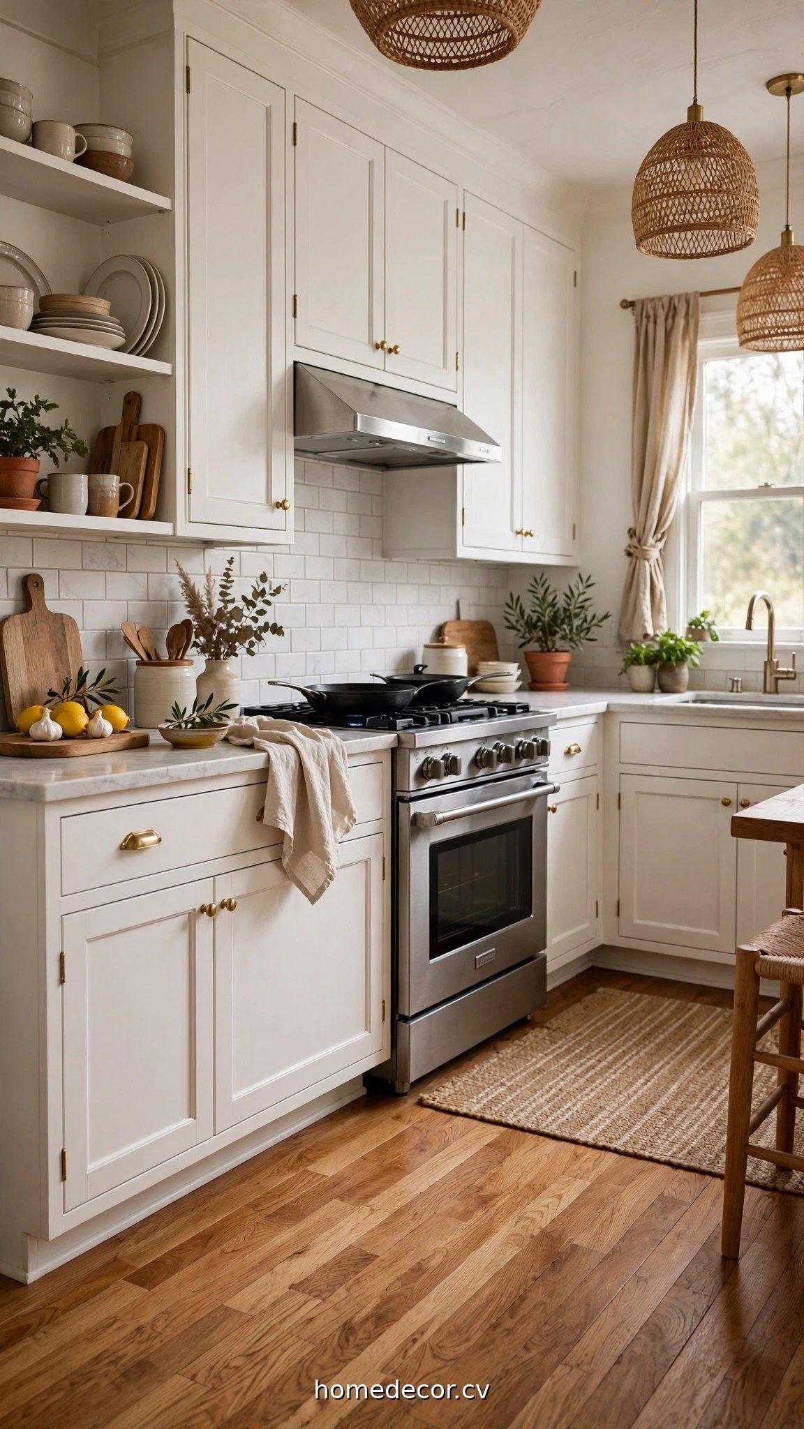 White kitchen cabinets paired with warm oak hardwood floor showing flooring ideas for white kitchen cabinets