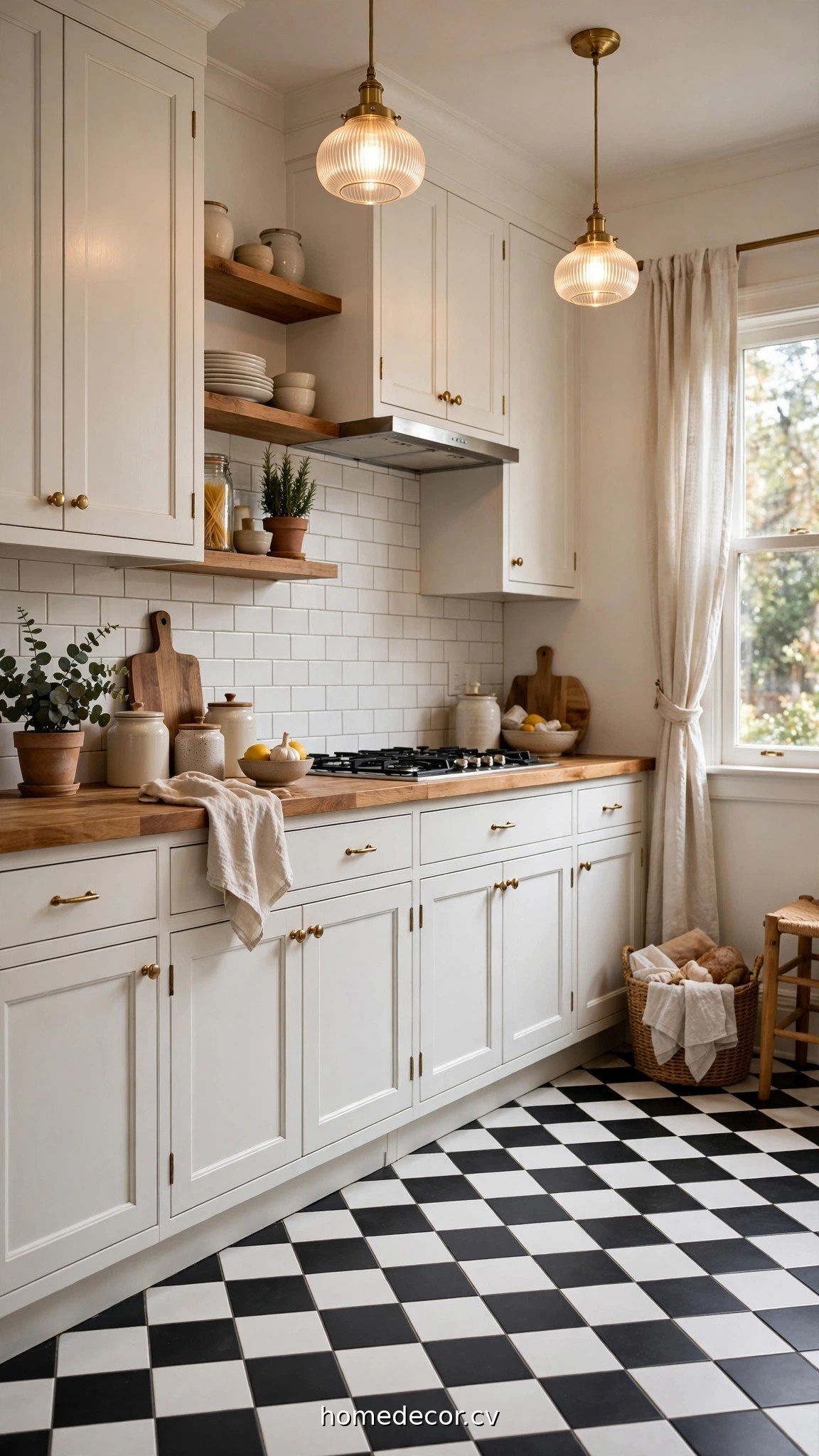 Black and white checkerboard tile floor with white kitchen cabinets showing flooring ideas for white kitchen cabinets