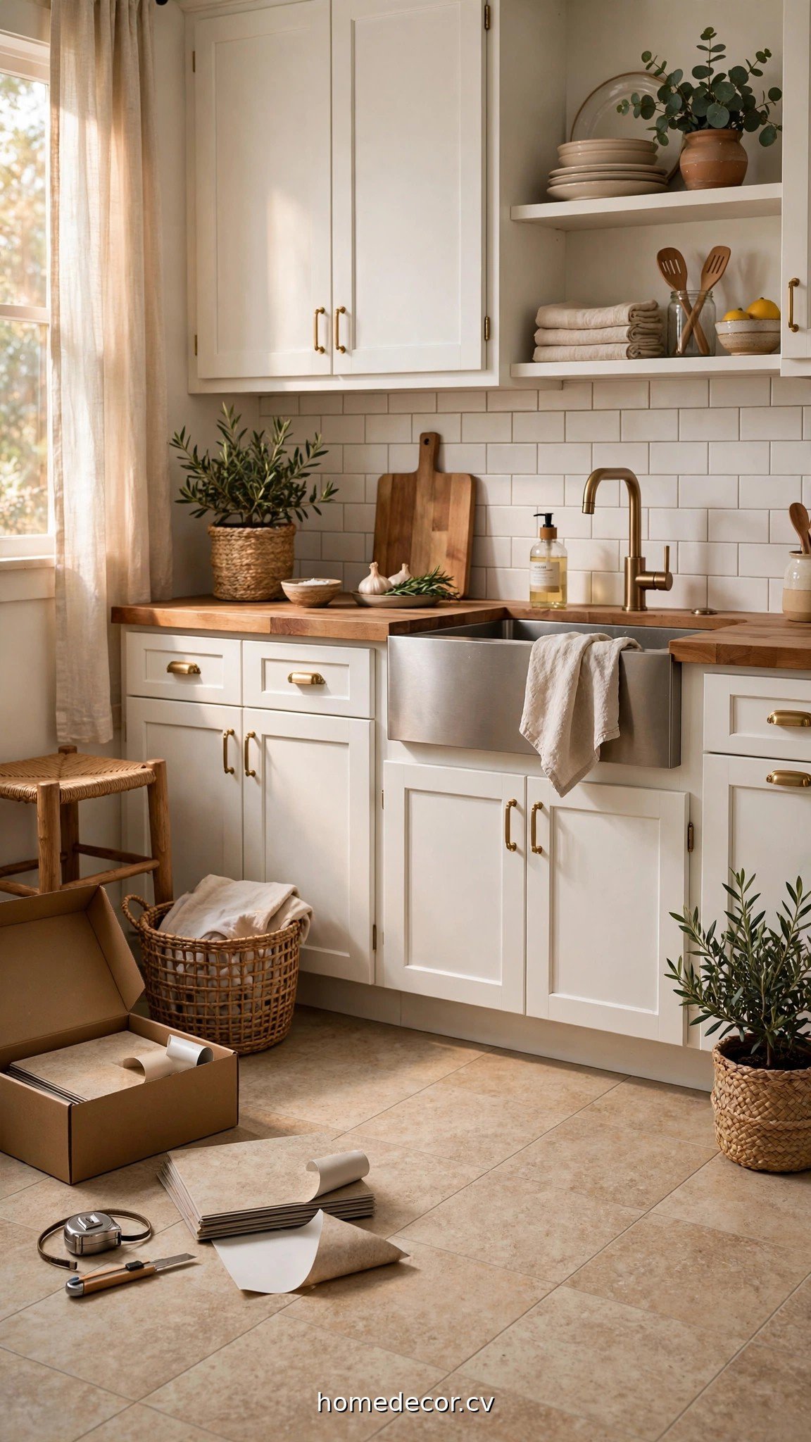 Peel and stick vinyl floor tiles in a white cabinet kitchen showing budget flooring ideas for white kitchen cabinets