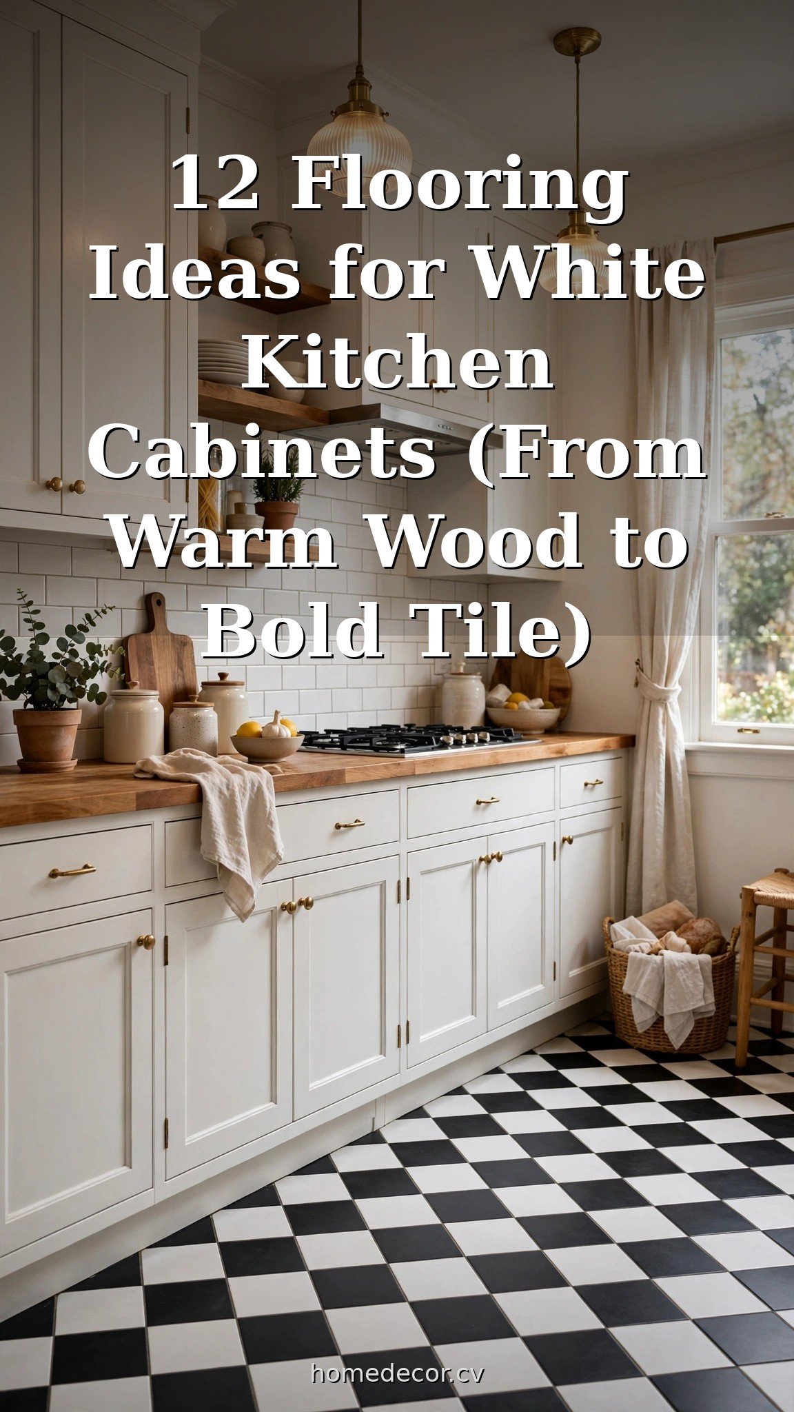 Pinterest pin: 12 Flooring Ideas for White Kitchen Cabinets (From Warm Wood to Bold Tile)
