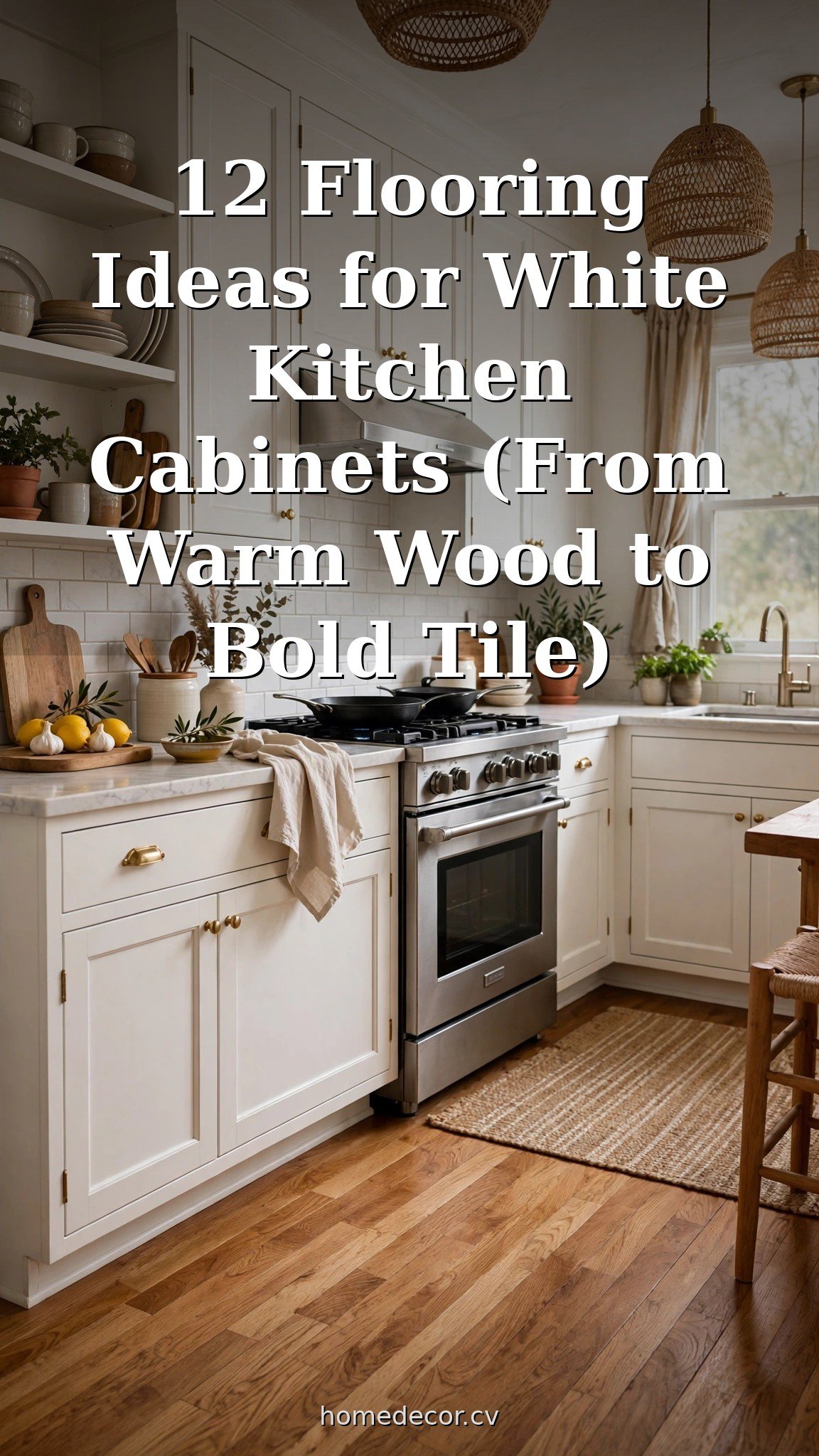 Pinterest pin: 12 Flooring Ideas for White Kitchen Cabinets (From Warm Wood to Bold Tile)