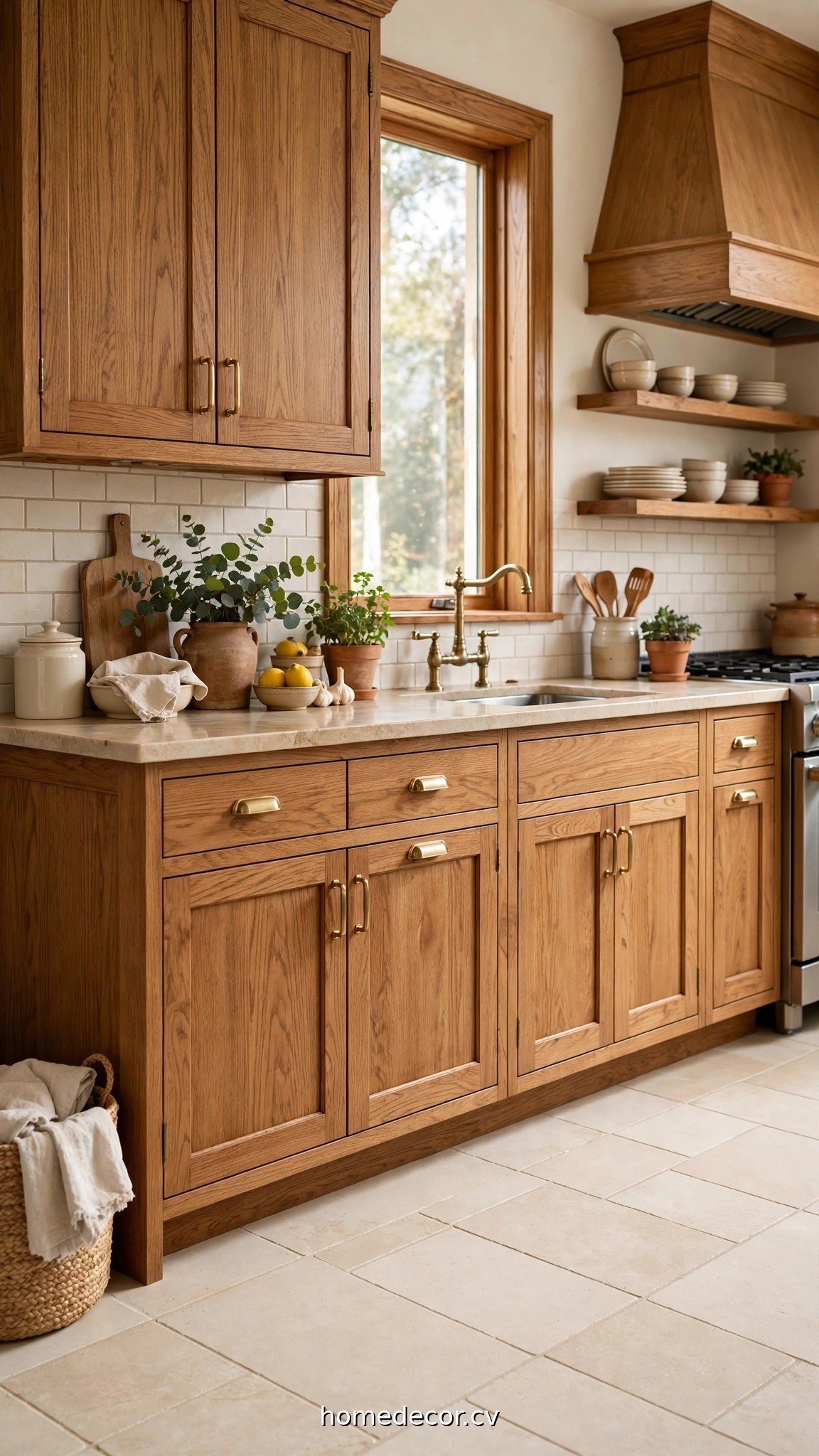 Oak kitchen cabinets with light cream tile floor showing kitchen flooring ideas with oak cabinets