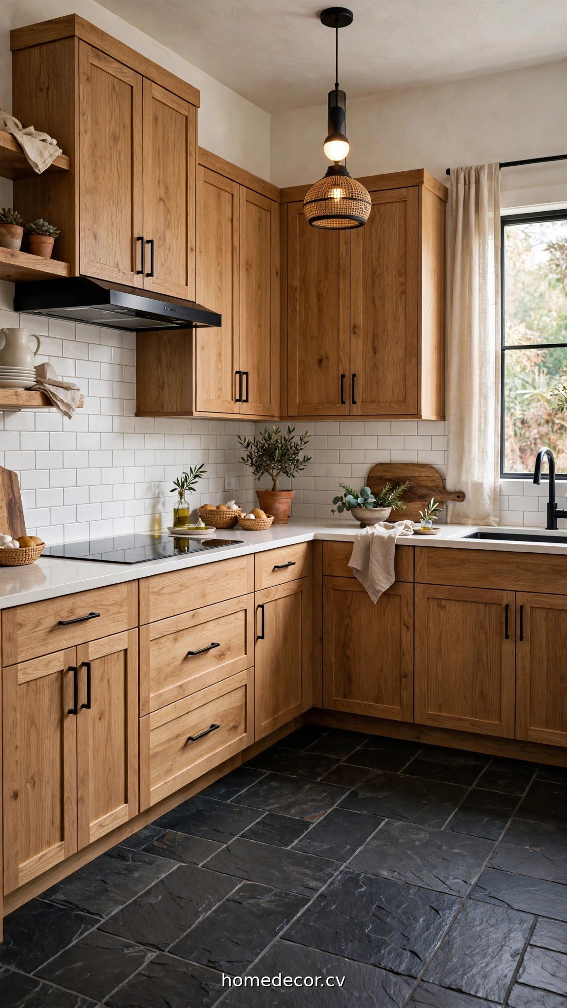 Oak cabinets with dark slate tile floor showing modern kitchen flooring ideas with oak cabinets