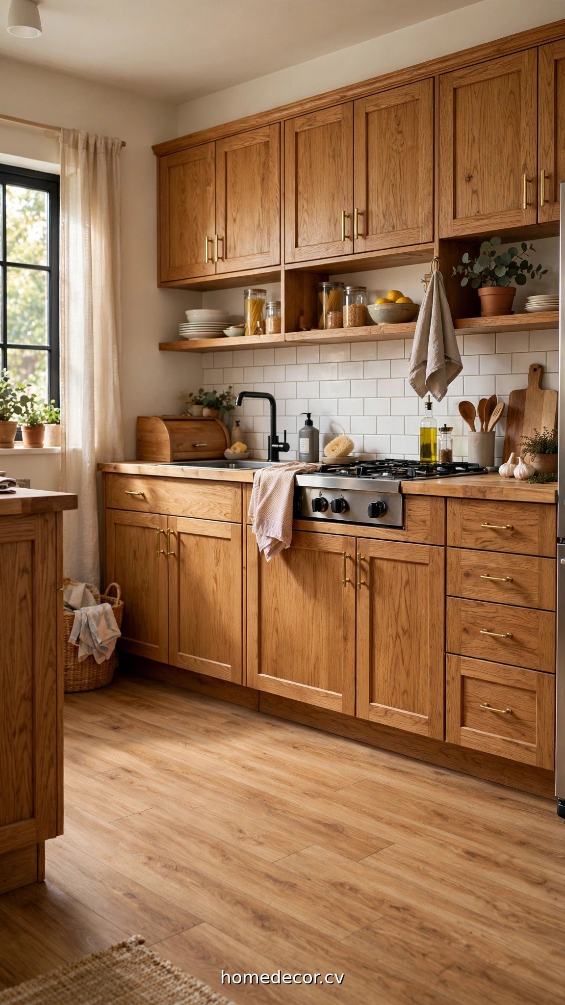 Budget vinyl plank flooring with oak cabinets showing affordable kitchen flooring ideas with oak cabinets
