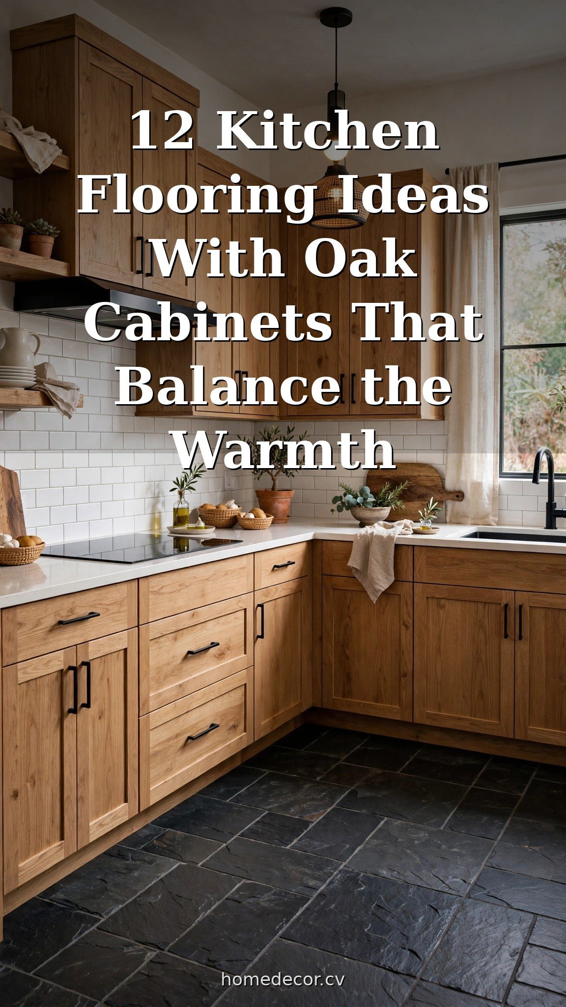 Pinterest pin: 12 Kitchen Flooring Ideas With Oak Cabinets That Balance the Warmth