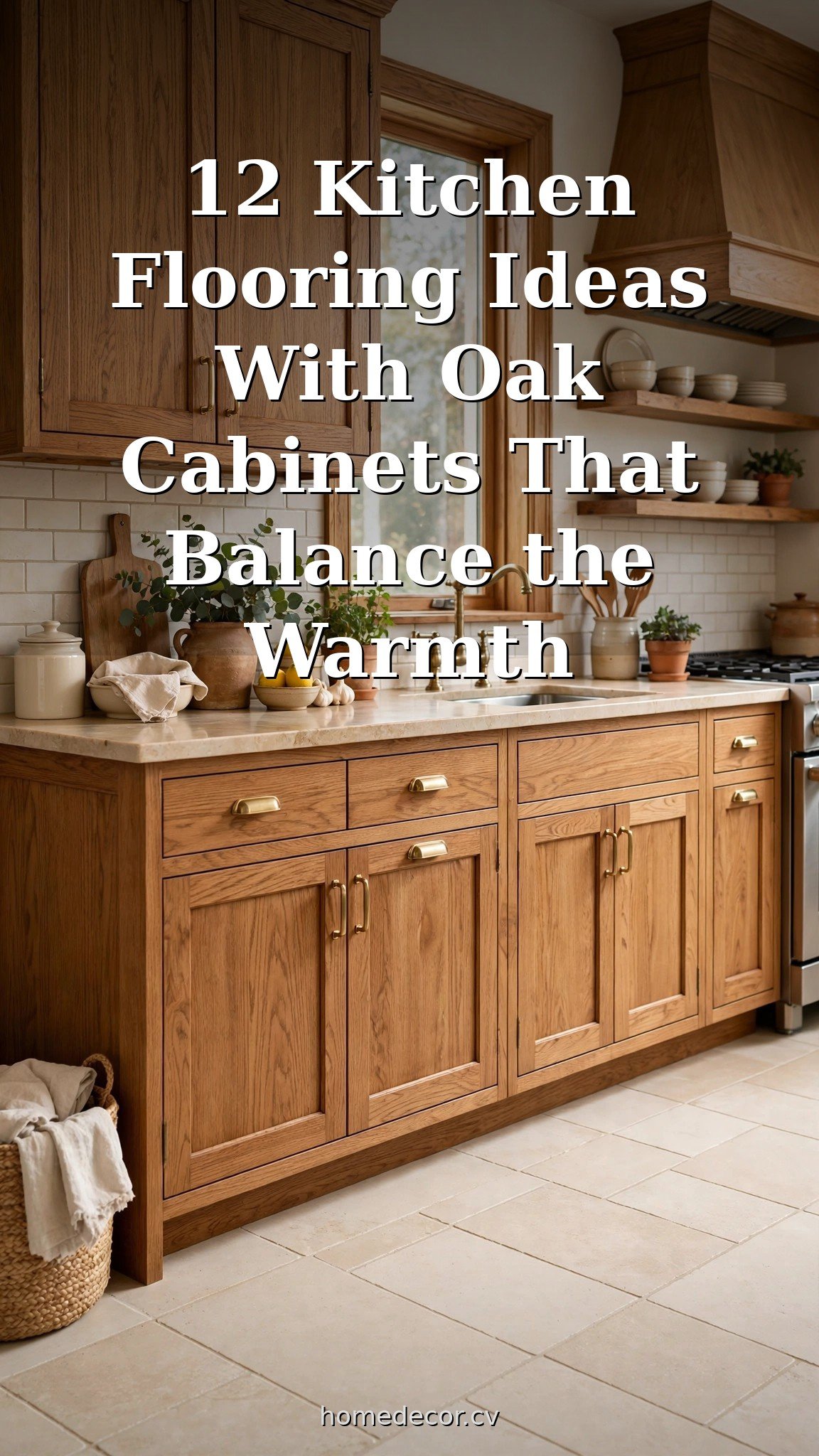 Pinterest pin: 12 Kitchen Flooring Ideas With Oak Cabinets That Balance the Warmth