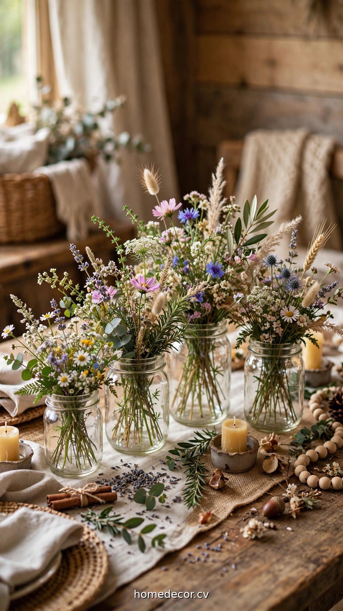 Mason jars with wildflowers as rustic wedding table decorations centerpieces
