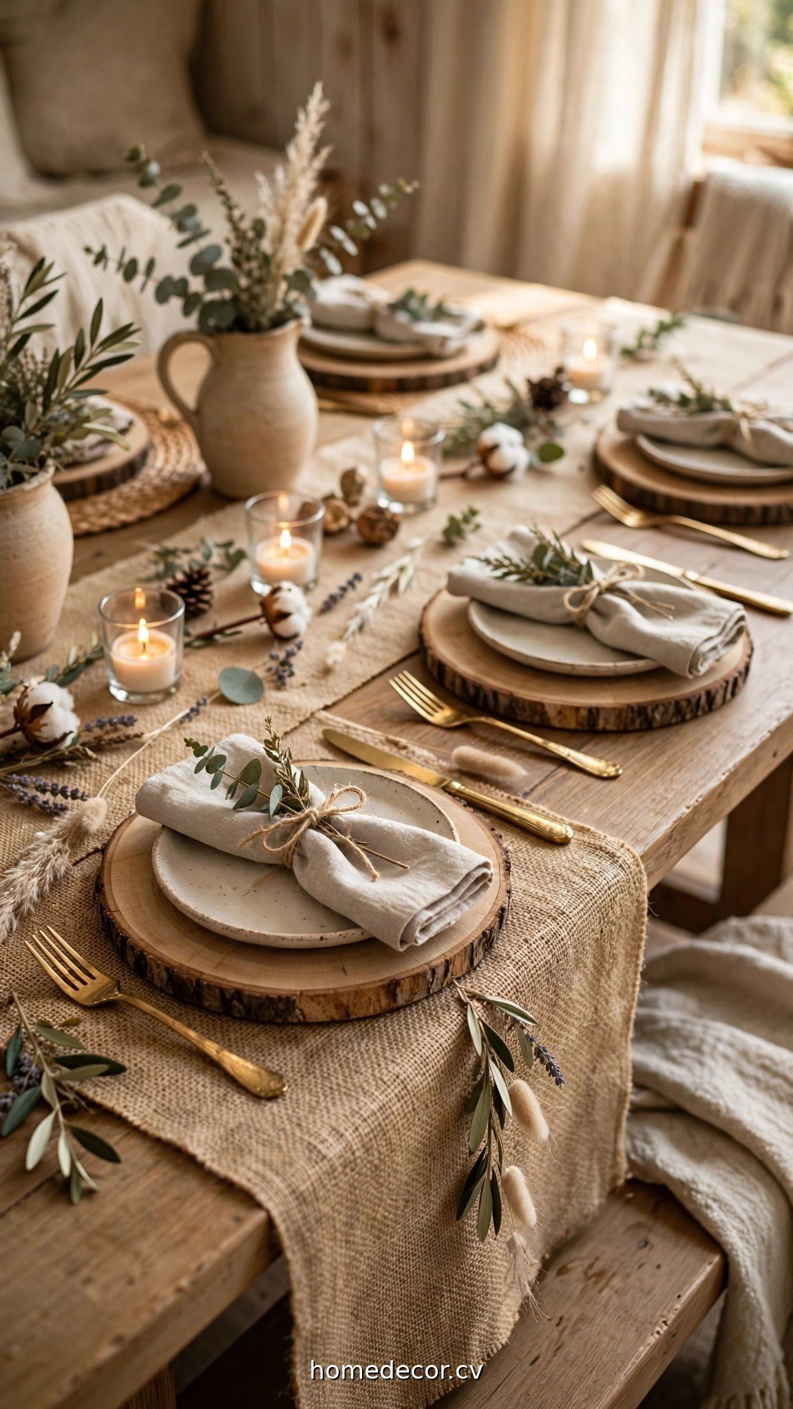 Burlap runner and wood slice place settings as rustic wedding table decorations