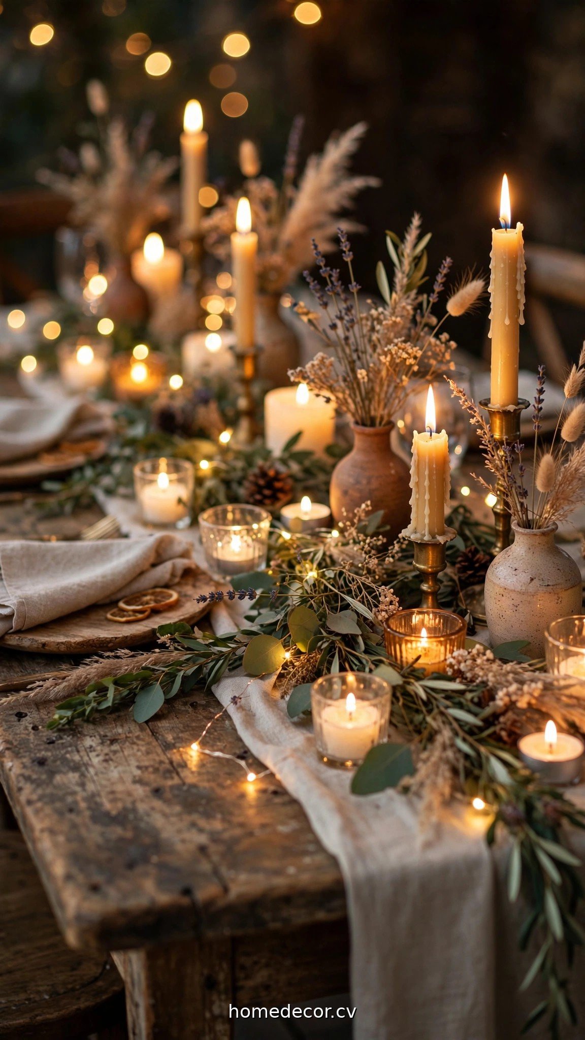 Fairy lights and candles glowing over rustic wedding table decorations