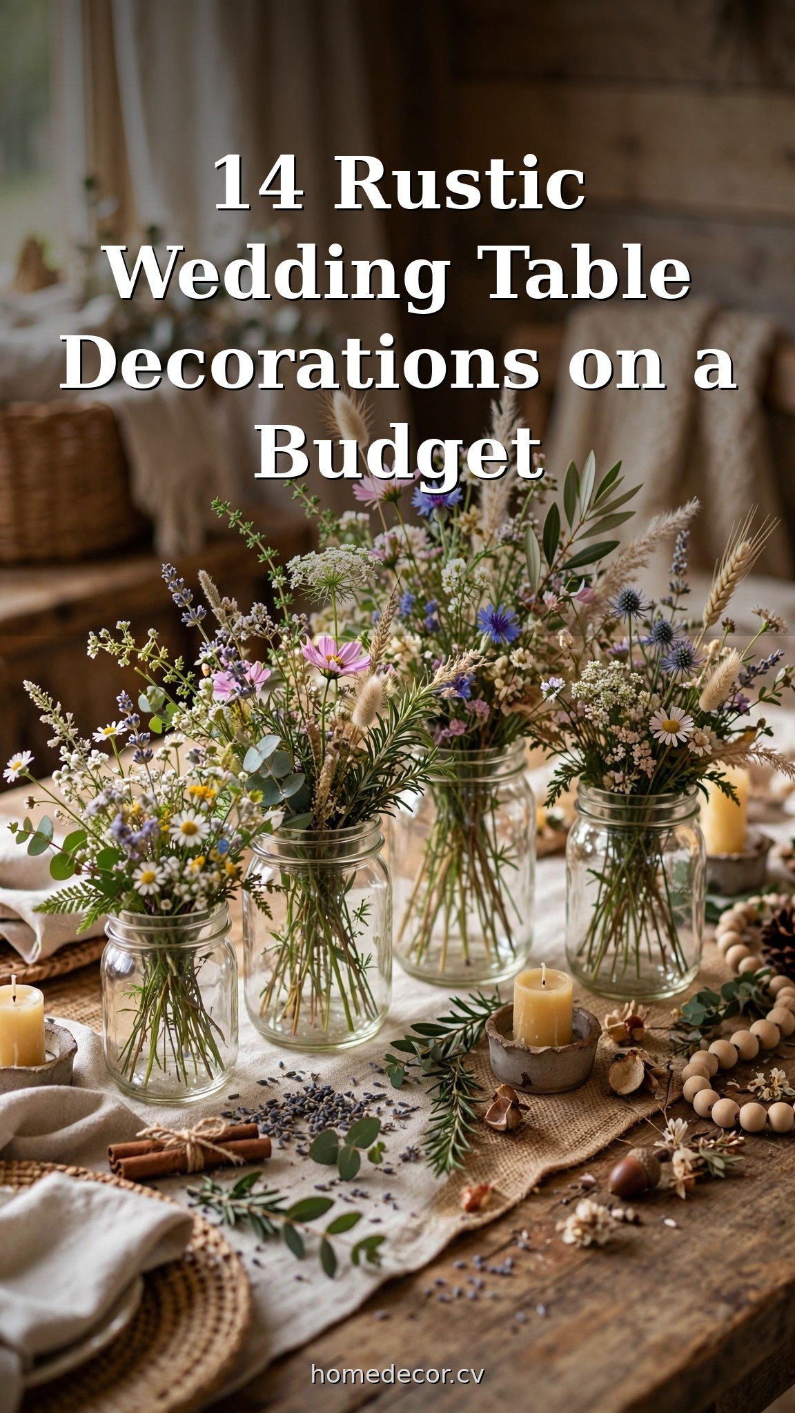 Pinterest pin: 14 Rustic Wedding Table Decorations on a Budget
