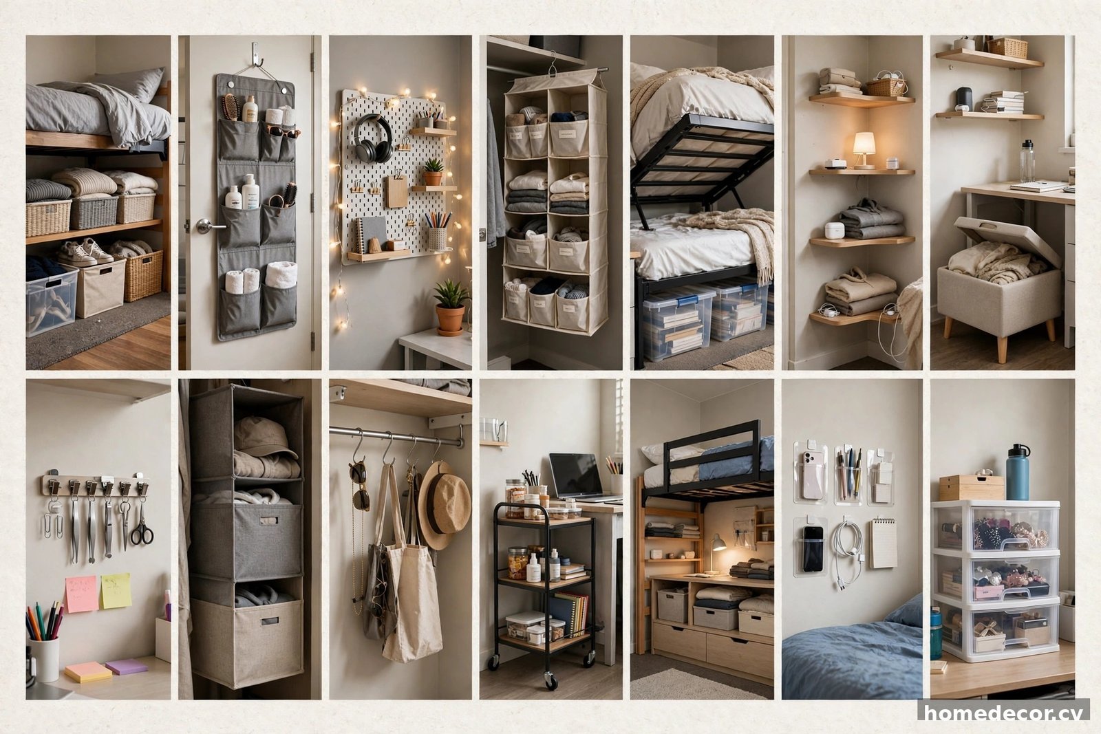 Pinterest pin: 14 Dorm Room Storage Ideas