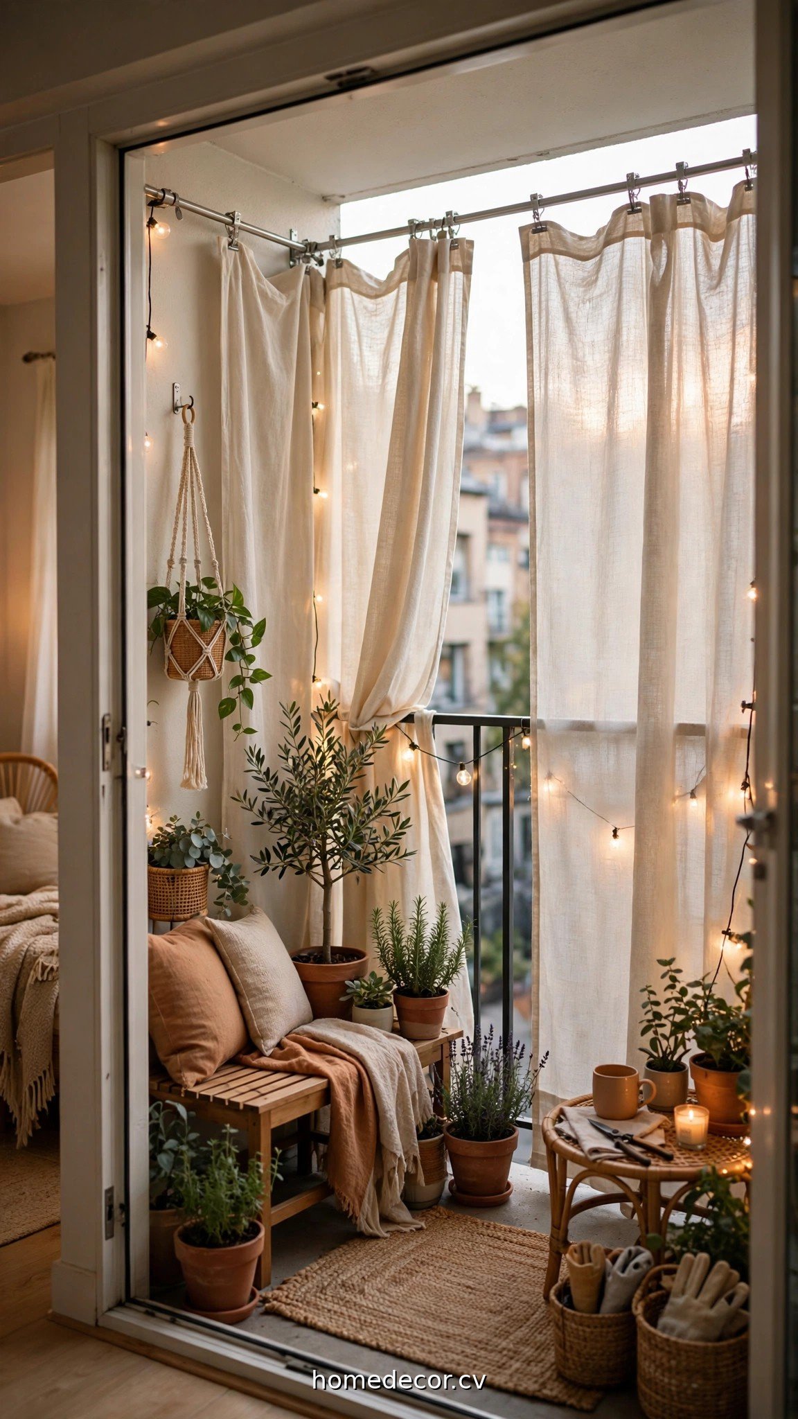 Outdoor curtains on a tension rod creating apartment patio privacy ideas on a balcony