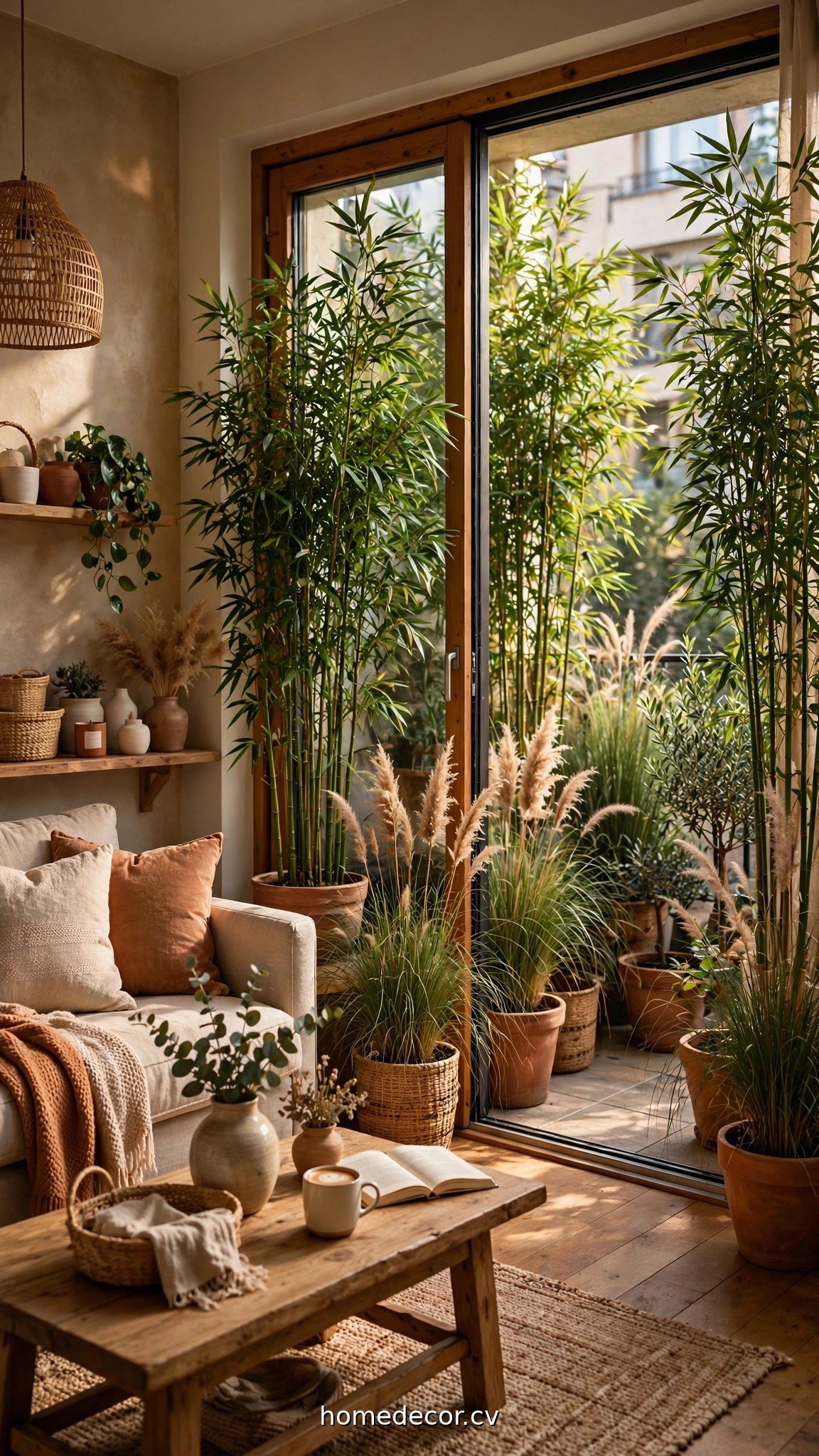 Tall potted bamboo and grasses creating living apartment patio privacy ideas