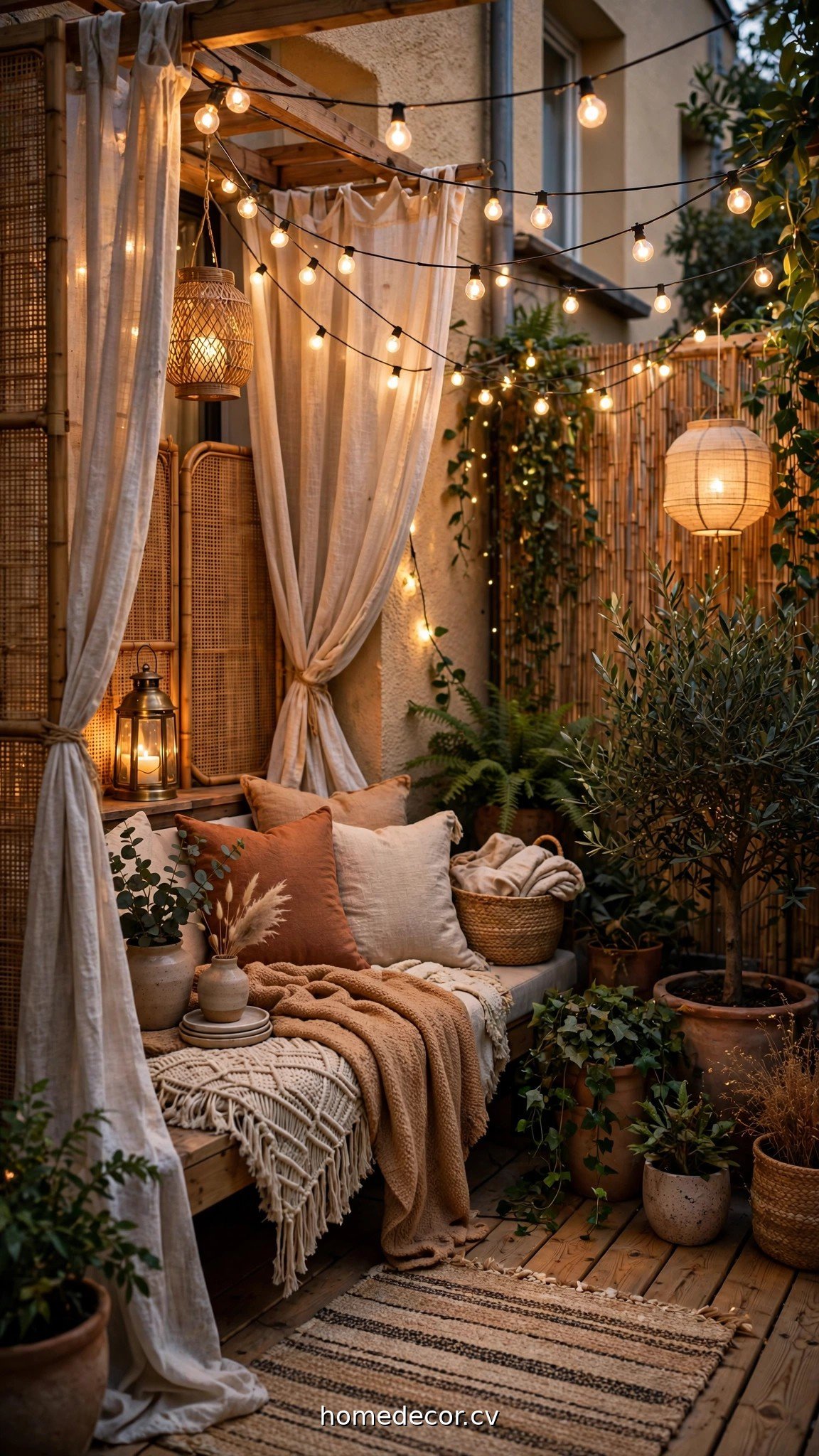 String lights and lanterns adding cozy layers to apartment patio privacy ideas