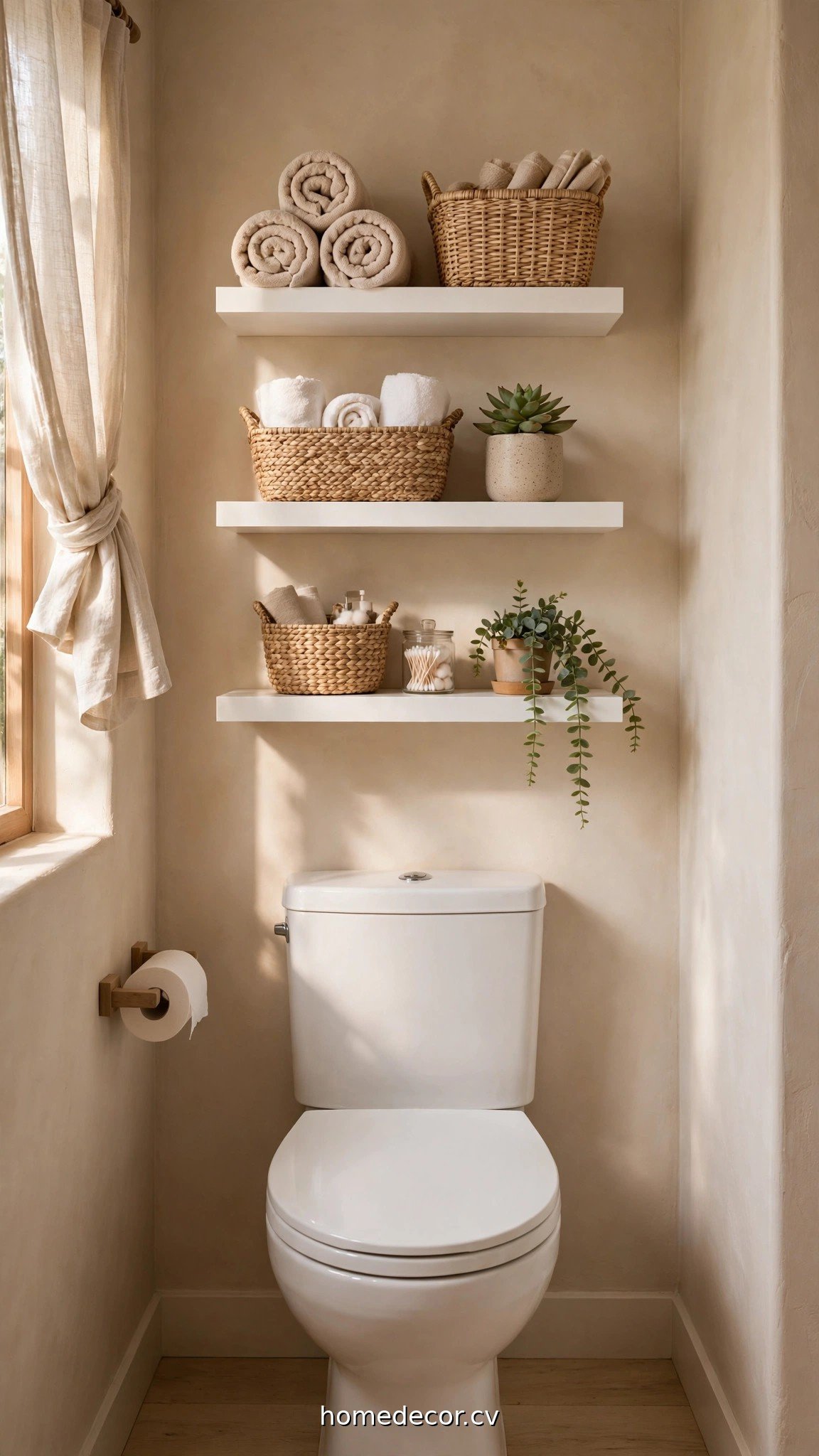 Floating shelves above a toilet showing bathroom over the toilet storage ideas
