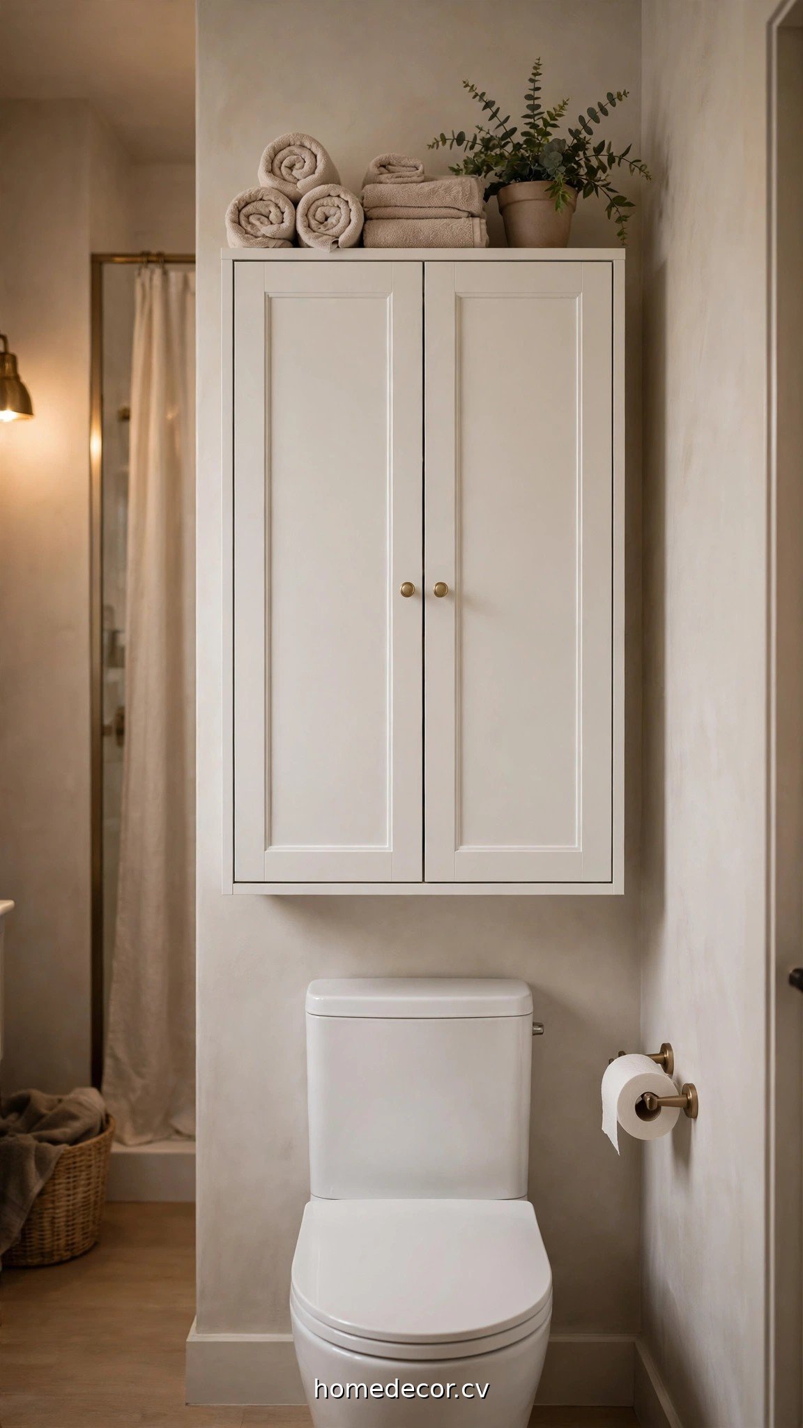 White over-toilet cabinet showing closed bathroom over the toilet storage ideas