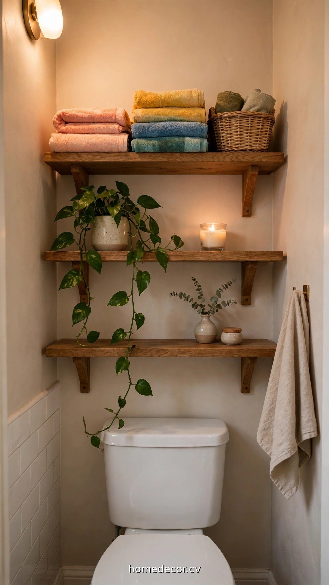 Styled shelves above a toilet with towels and plants showing bathroom over the toilet storage ideas