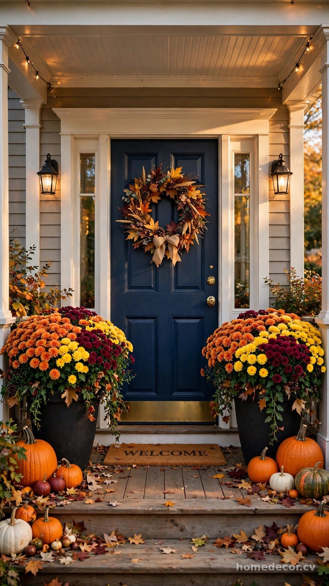 Mum-Filled Planters Flanking the Door