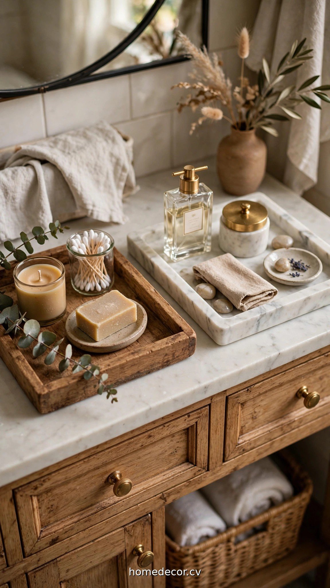 Wooden and marble trays styled as bathroom tray decor ideas on a vanity