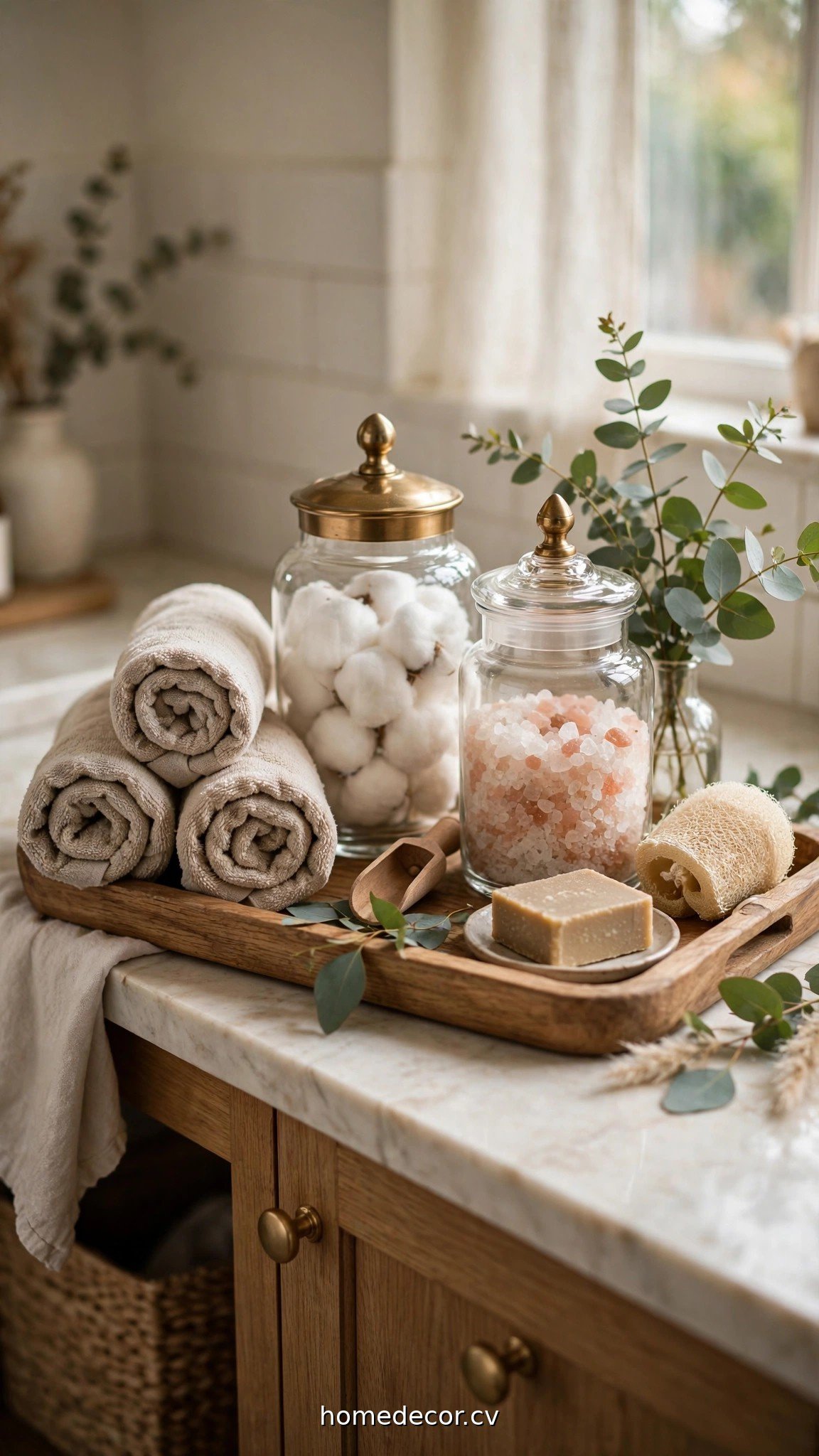 Rolled towels, apothecary jars and eucalyptus styled in bathroom tray decor ideas