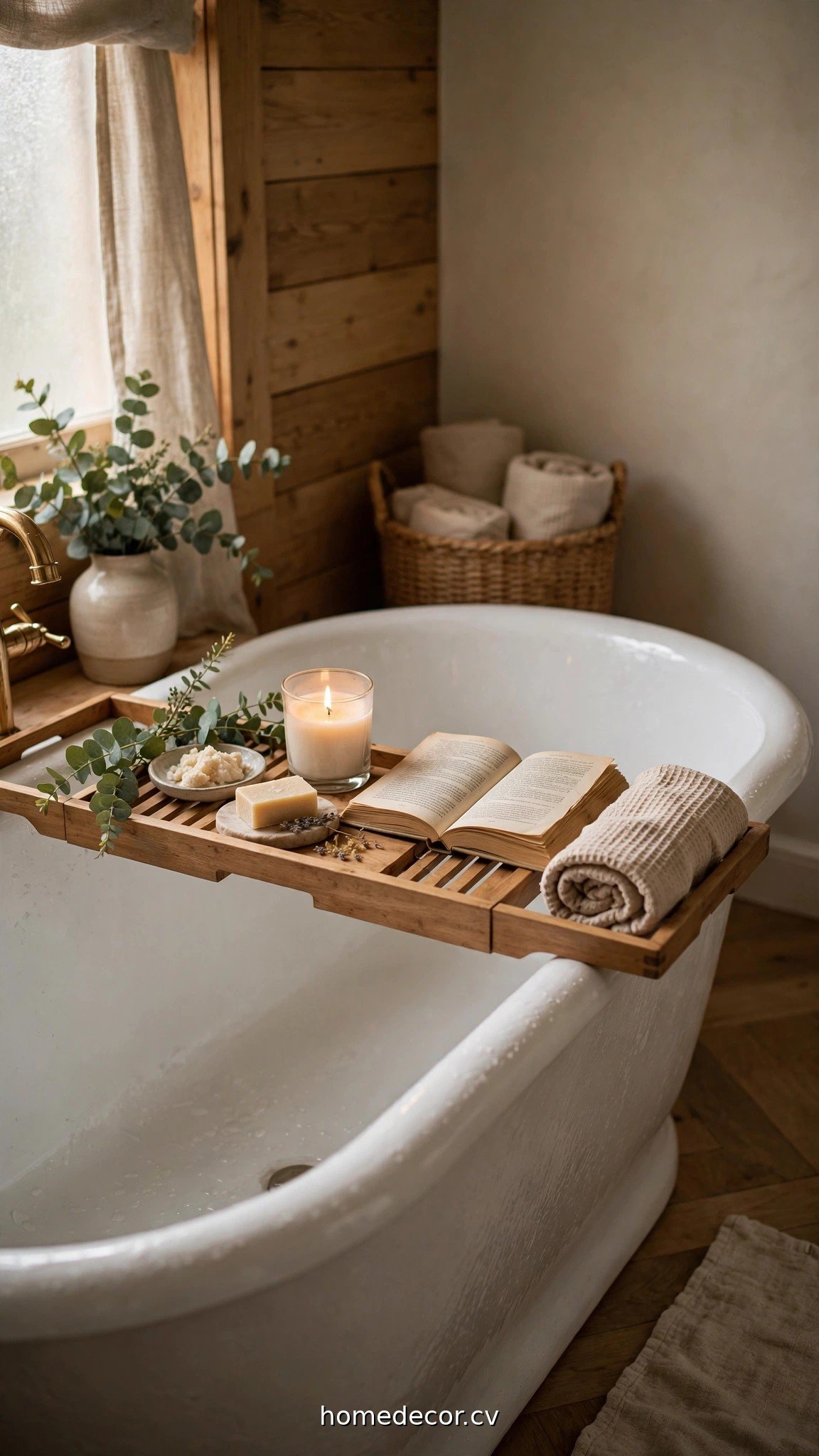 Bathtub caddy tray with candle and book showing bathroom tray decor ideas