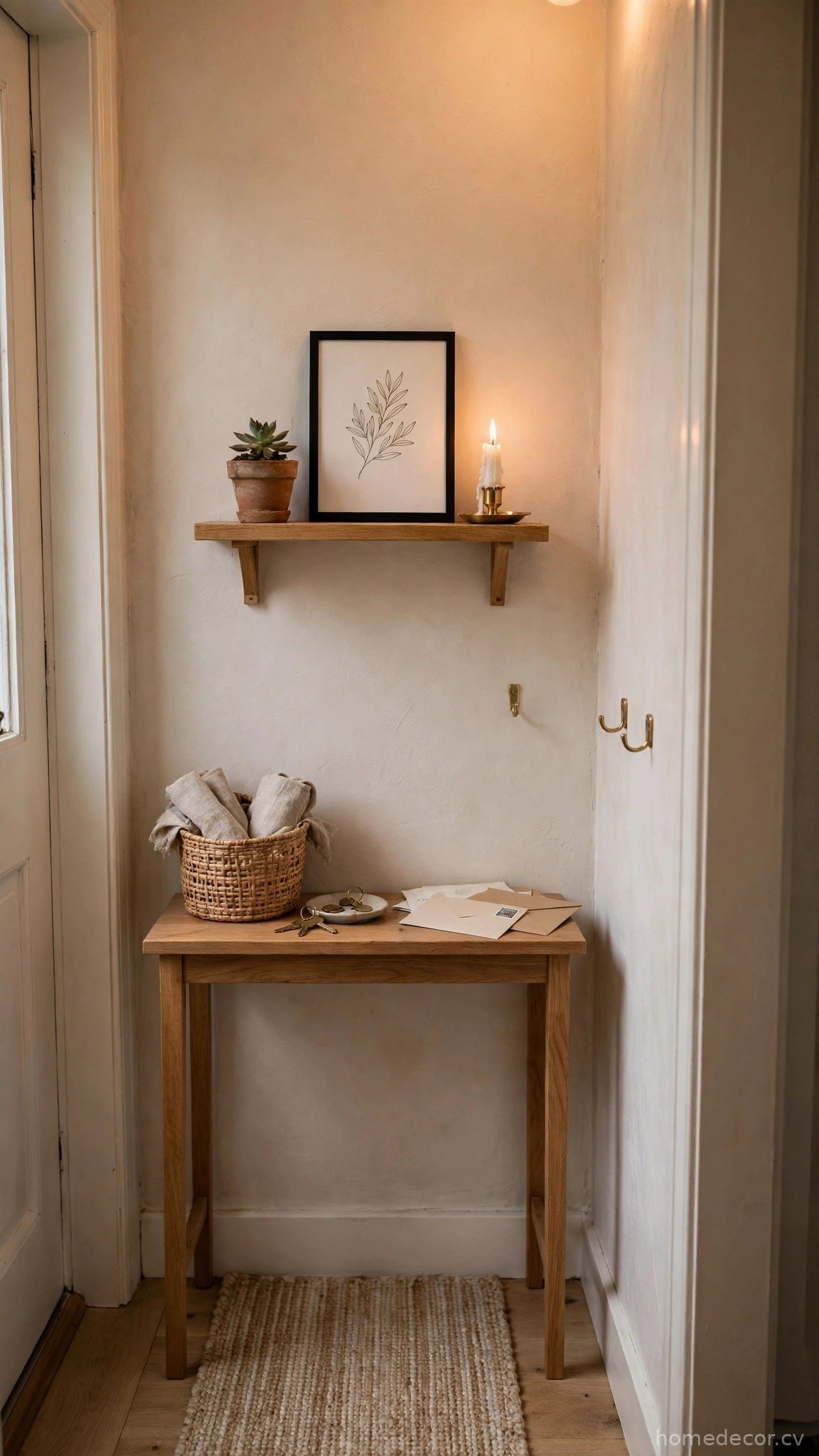A wall-mounted shelf above the table for extra styling room