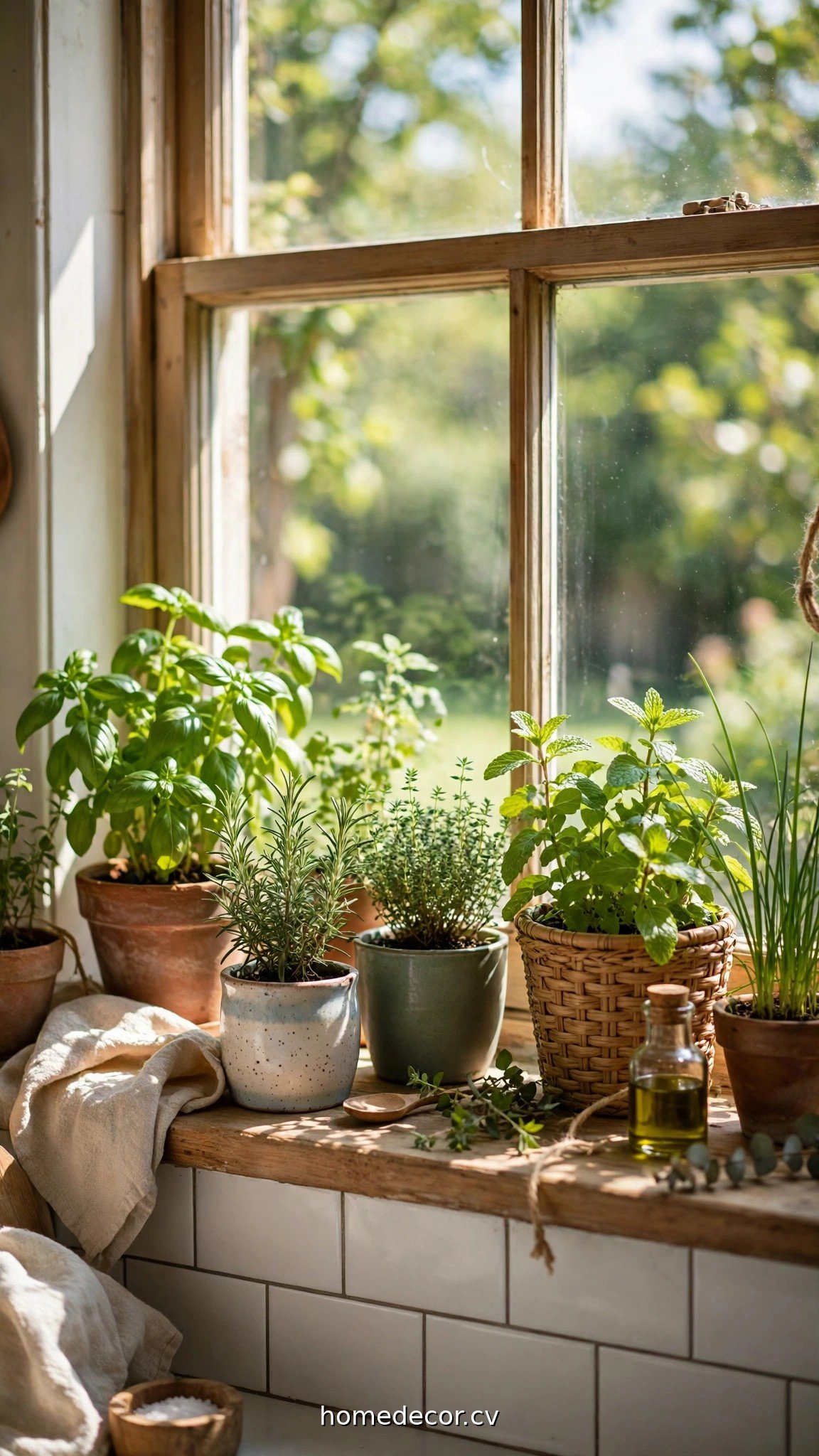 Herb garden pots on a sunny sill showing ideas for kitchen window sills