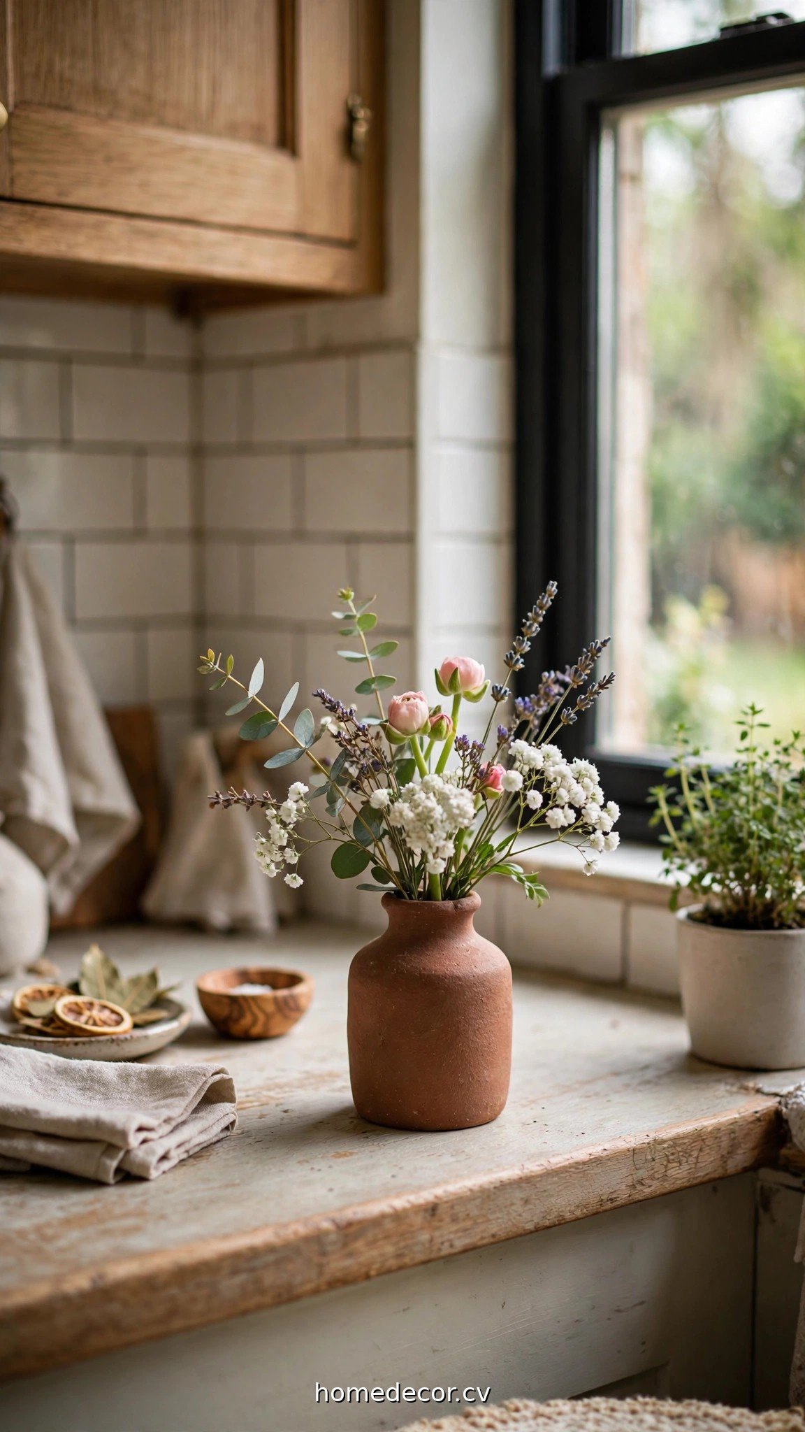 Mini vase with fresh flowers on a kitchen sill showing ideas for kitchen window sills