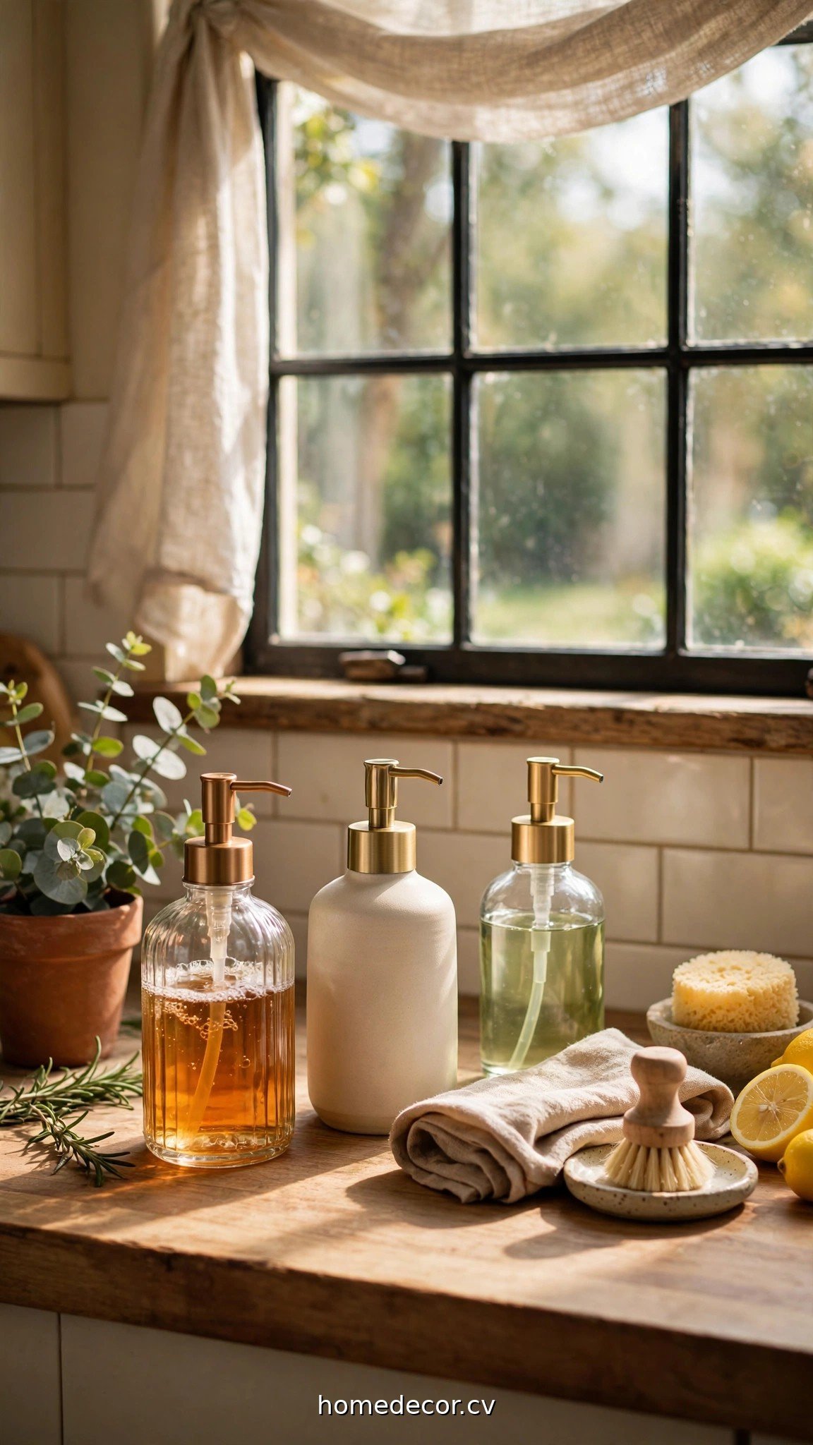Pretty soap dispensers on a kitchen window sill showing ideas for kitchen window sills