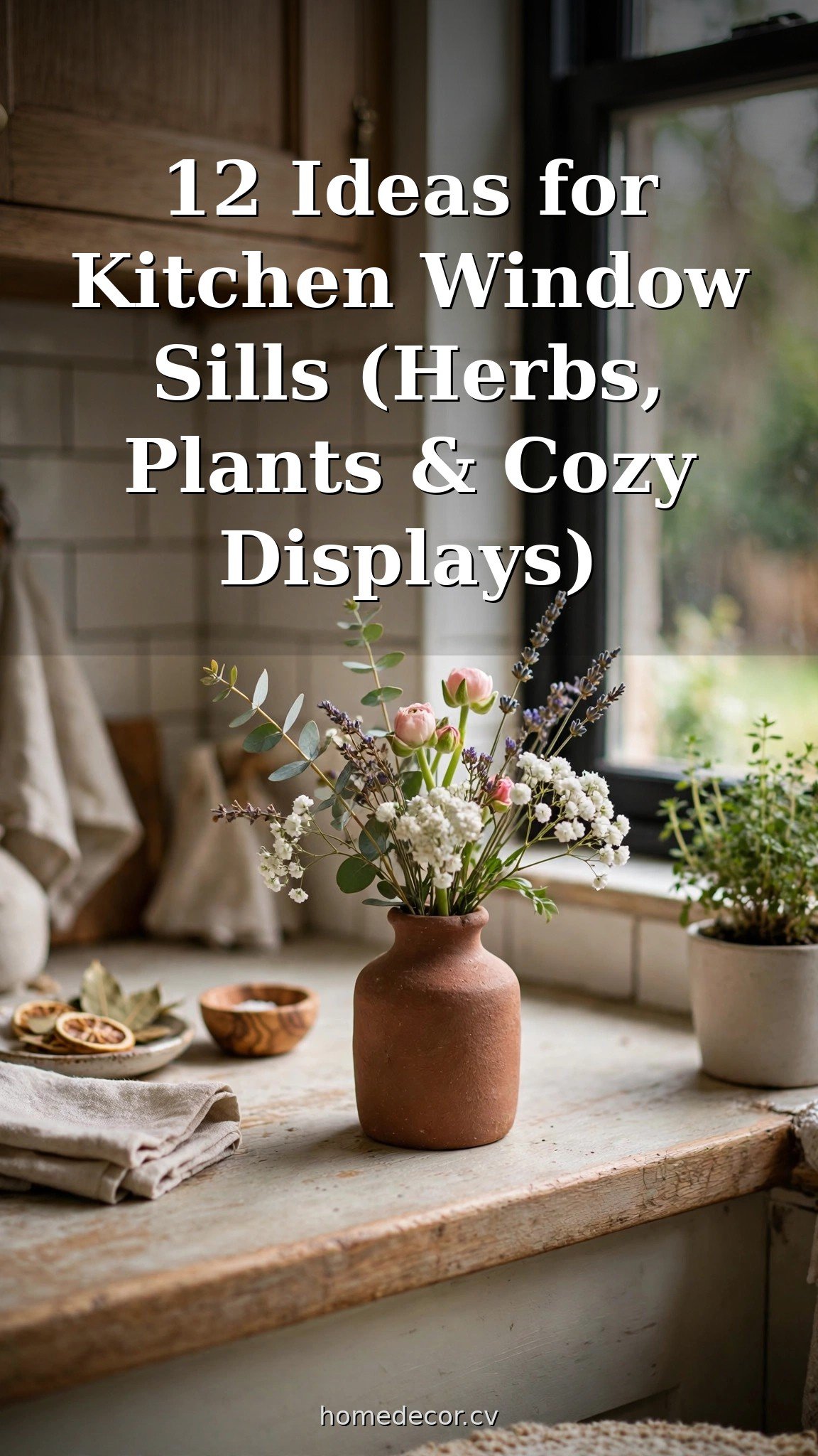 Pinterest pin: 12 Ideas for Kitchen Window Sills (Herbs, Plants & Cozy Displays)