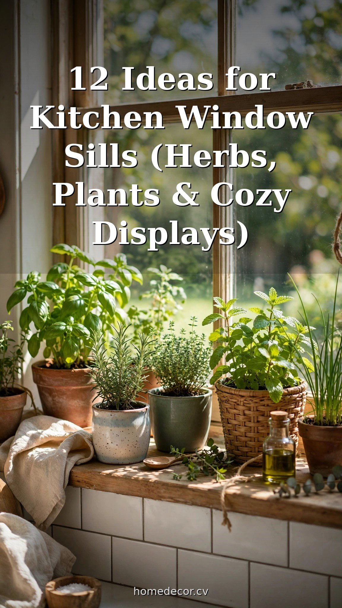 Pinterest pin: 12 Ideas for Kitchen Window Sills (Herbs, Plants & Cozy Displays)